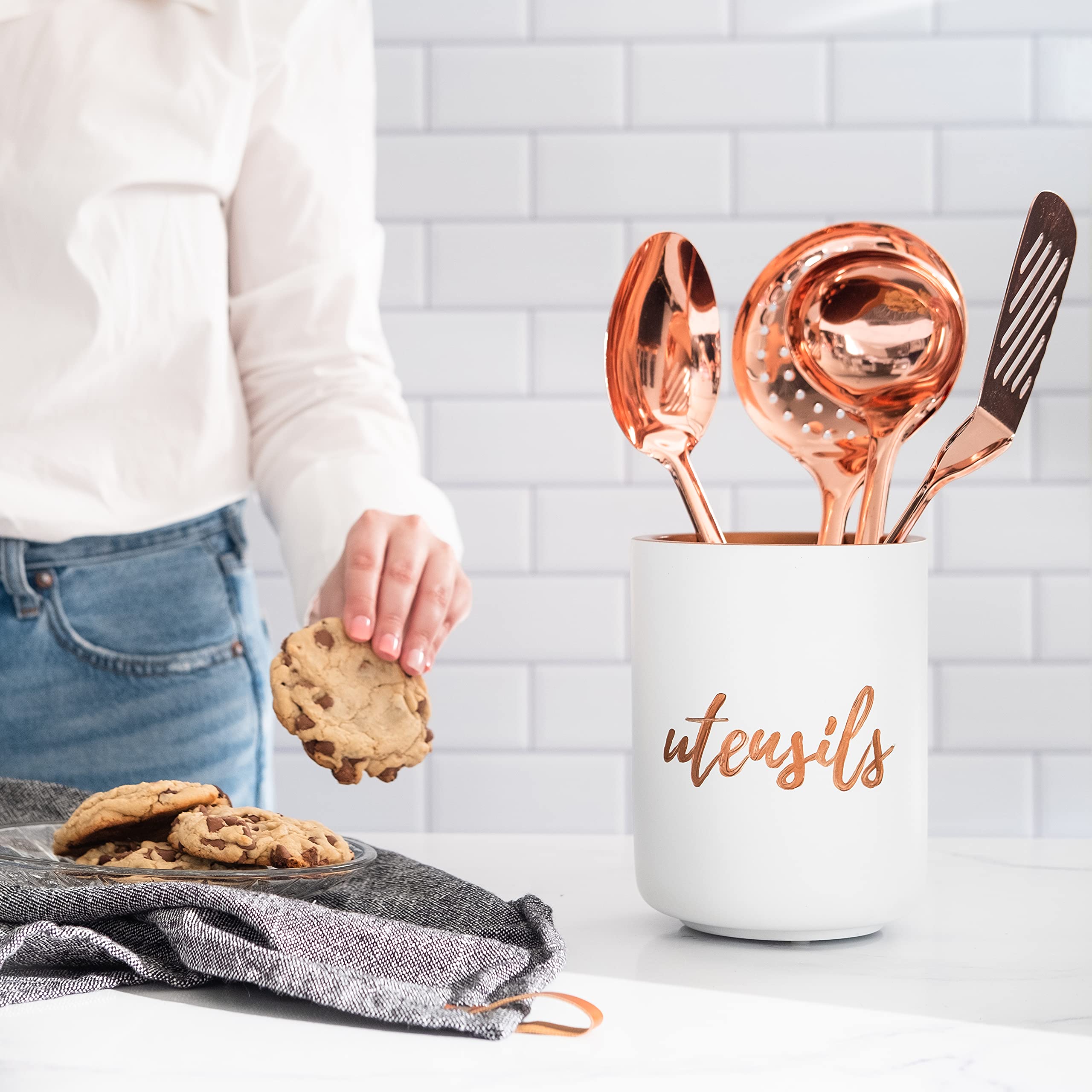 White Ceramic Utensil Holder With Interior Copper Finish - Stylish, Sturdy And Large Spatula Holder For Rose Gold Kitchen Access