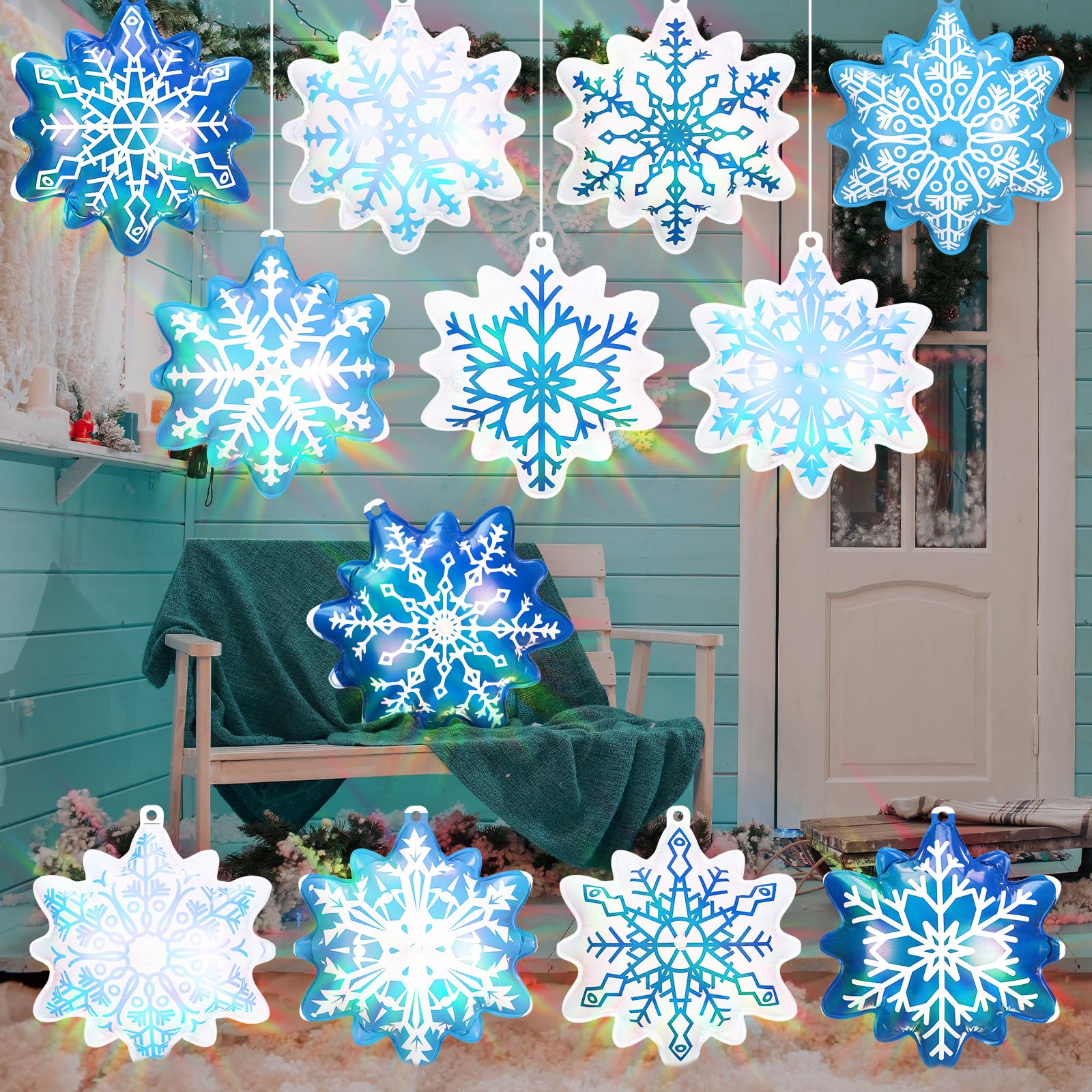 Jetec 12 Pcs Christmas Inflatable Balls 12 Inch Light Up Giant Snowflake Inflatable Christmas Decorations PVC Blow Up Xmas Large