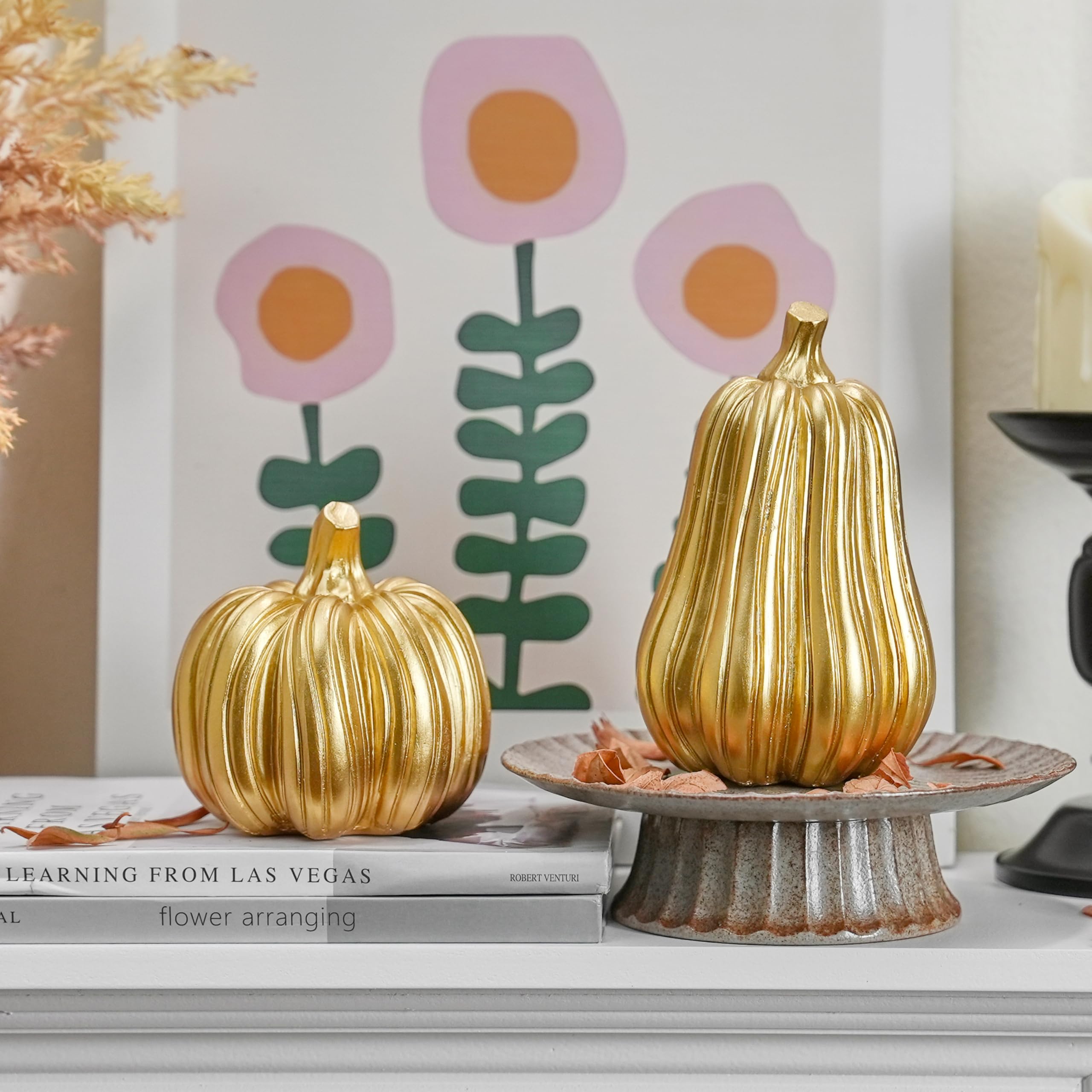 FESTGLOX Gold Pumpkin Decor with Stripes, 2Pcs Resin Pumpkins for Decorating, Decorative Pumpkins for Fall Tabletop Decoration,