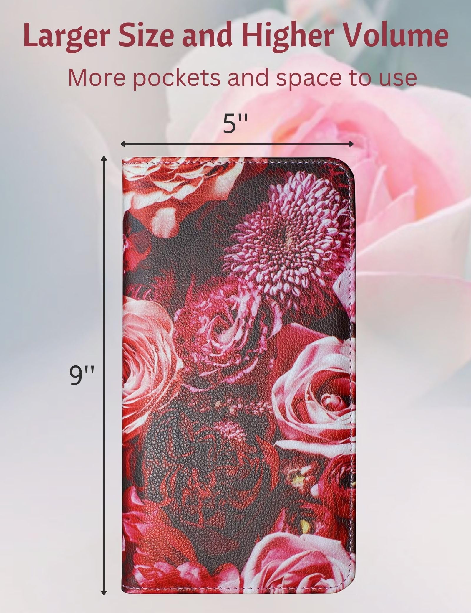 Server Book for Waitress with Zipper and Magnetic Pocket 5'' X 9'' Rose Flower Waitress Book Red Waiter Book Wallet Restaurant Waitstaff Organizer Fit Server Apron with Money Pocket