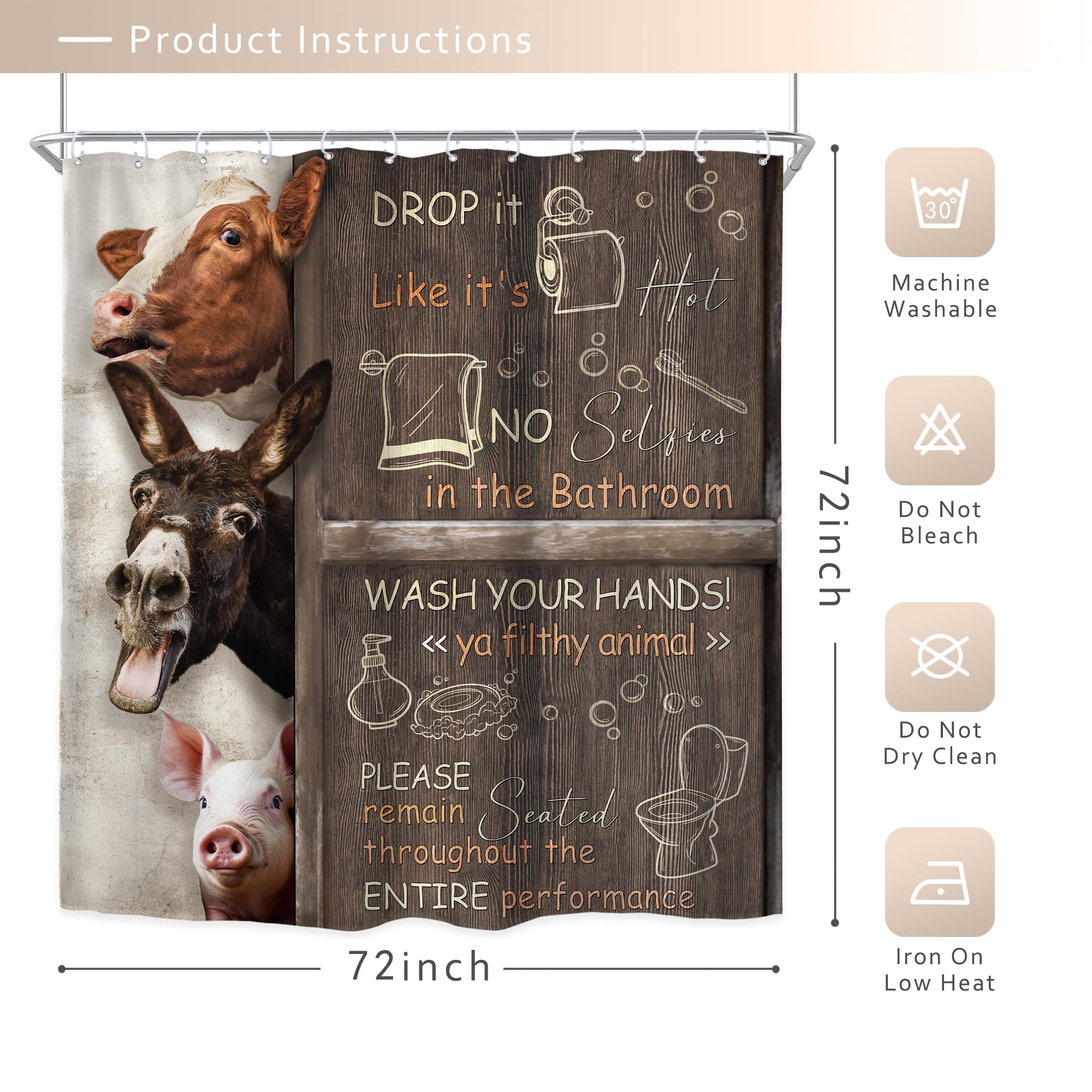 Riyidecor Funny Cow Shower Curtain 72Wx72H Inch Bathroom Rules Farmhouse Animal Donkey Pig Rustic Wooden Board Wildlife Country