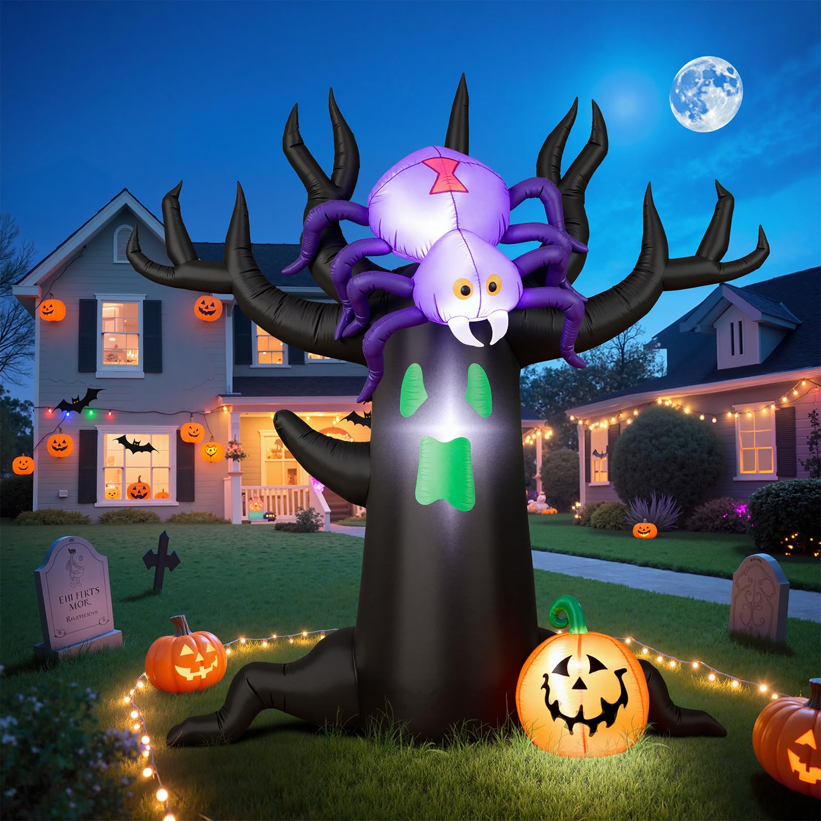 7FT Halloween Inflatable Tree with Giant Purple Spider and Pumpkin, Spooky Blow Up Yard Decoration with LED Lights for Outdoor L