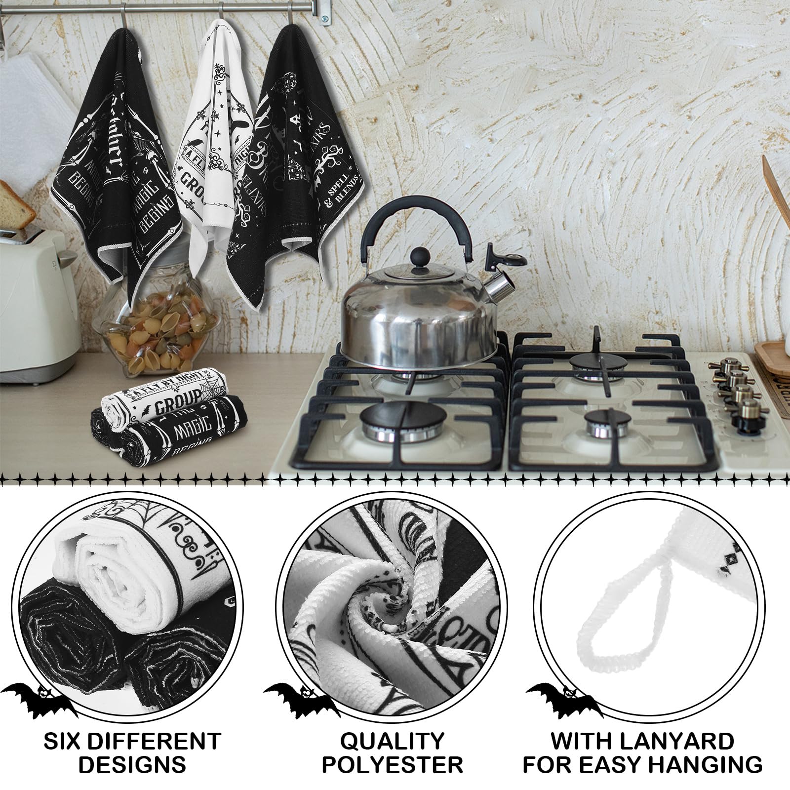 Ganeen 6 Pcs Halloween Kitchen Towels The Undead Gothic Art Dishtowels Set Halloween Skull Tea Skull Gifts Tarot Hand Towels for