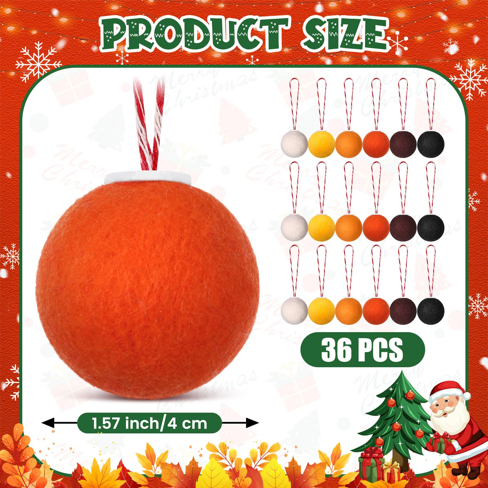 Wonderjune 36 Pcs Wool Felt Balls Christmas Ornaments 1.57 Inch Christmas Tree Decorations Pompom Decoration DIY (Pumpkin Color)