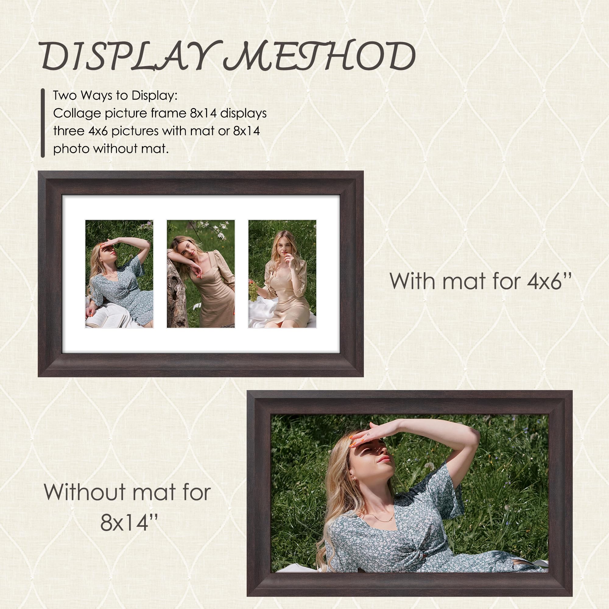 DUENPY 8x14 Picture Frame 4x6 Collage Picture Frame Displays Three 4x6 inch Photos or 8x14 (Without Mat) Wall Decor or Tabletop