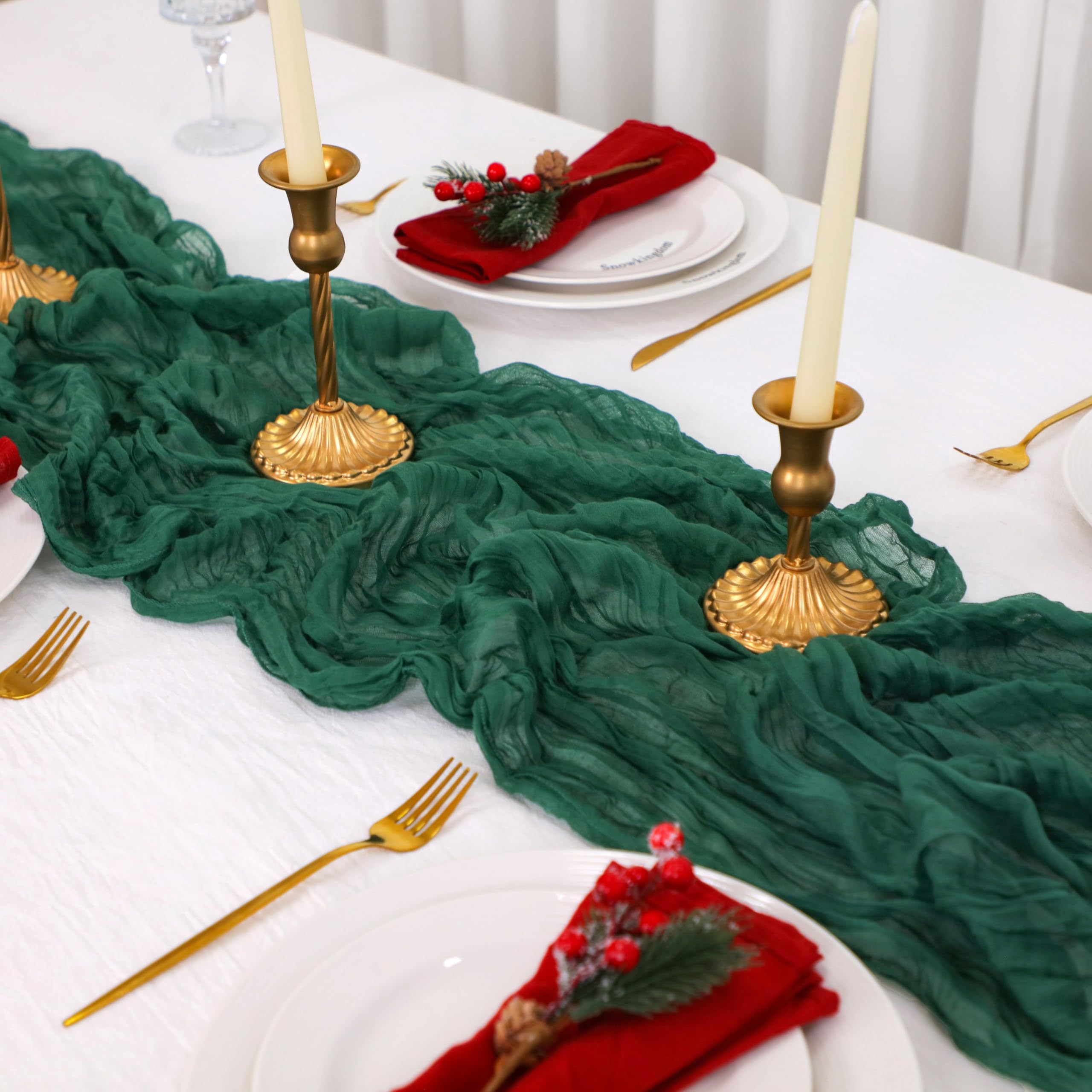 Snowkingdom 6 PCS Emerald Green Table Runner 120 Inch 10 Ft Rustic Boho Dark Green Cheese Cloth Runner for Wedding Bridal Baby S