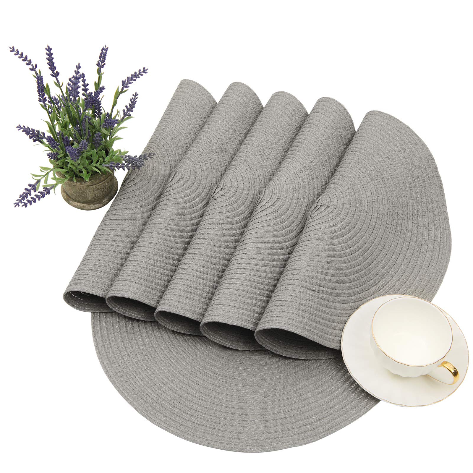 Shacos Round Braided Placemats Set Of 6 Thick Fabric Place Mats Woven Table Mats For Dining Tables 15 Inch (Gray, 6)
