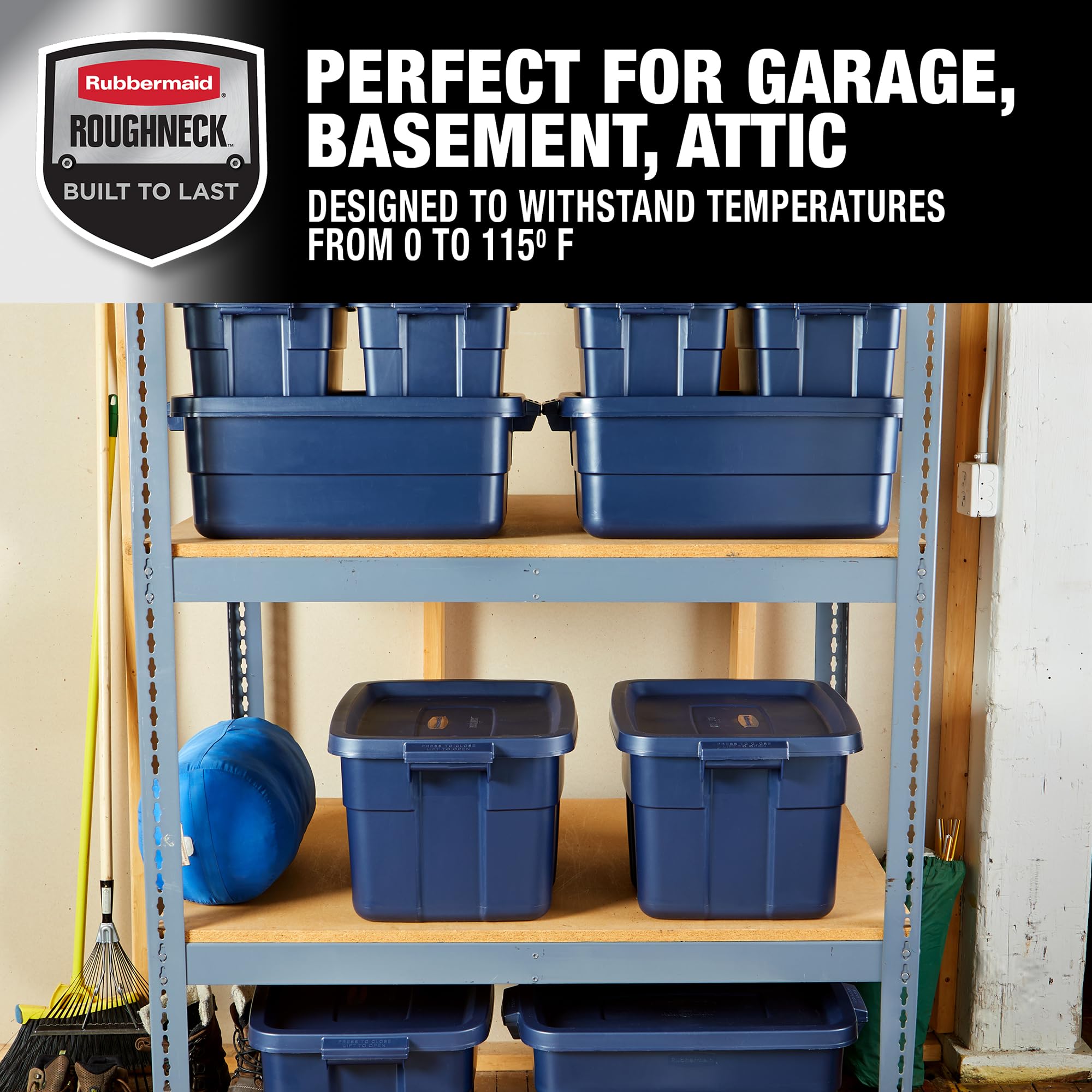 Rubbermaid Roughneck Tote Variety, 10 Pack, Made In Usa, Dark Indigo Metallic, Rugged Plastic Stackable Storage Bins With Lids A