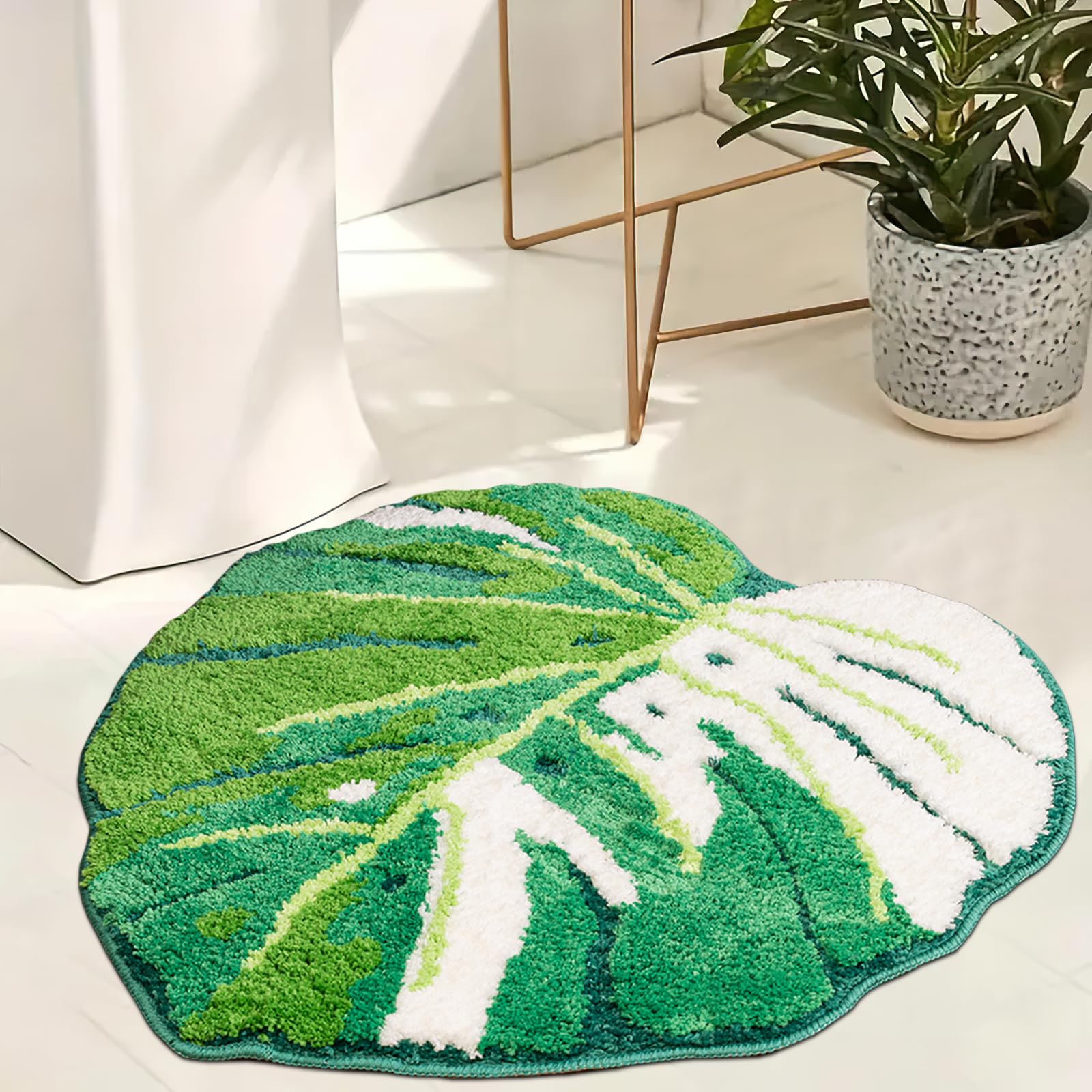 Sisher Green Leaf Bathroom Rug Large Monstera Rug Kids Rug Green Leaf Area Rug Non Slip Comfortable Carpet For Bedroom Bathroom