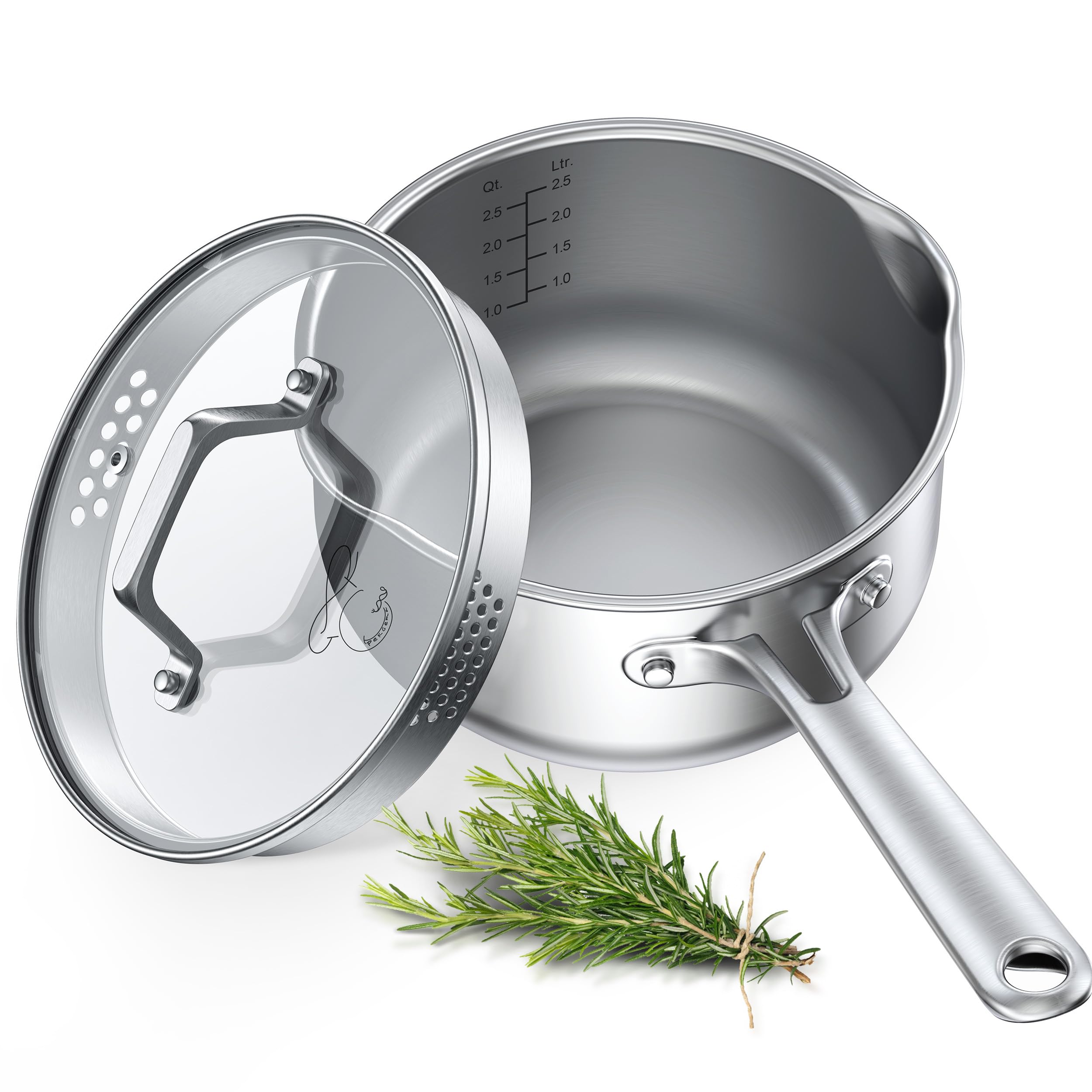 PekGema 3QT Saucepan w/Glass Strainer Lid, TriPly Stainless Steel