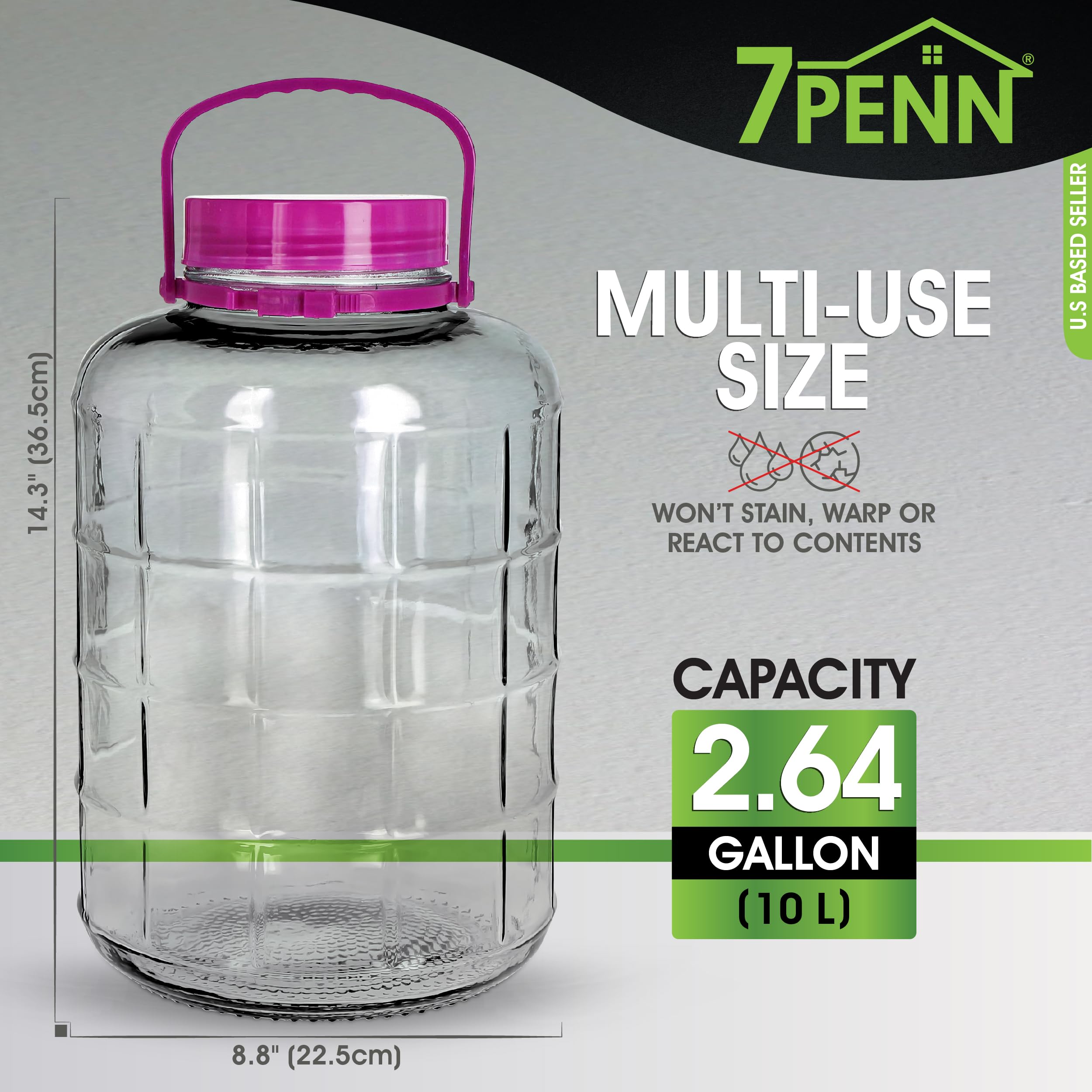7Penn Large Glass Jar With Lid - 2.64 Gallon Wide Mouth Giant Glass Barrel Jar For Pickles, Cookies, And Candy - Airtight Seal W