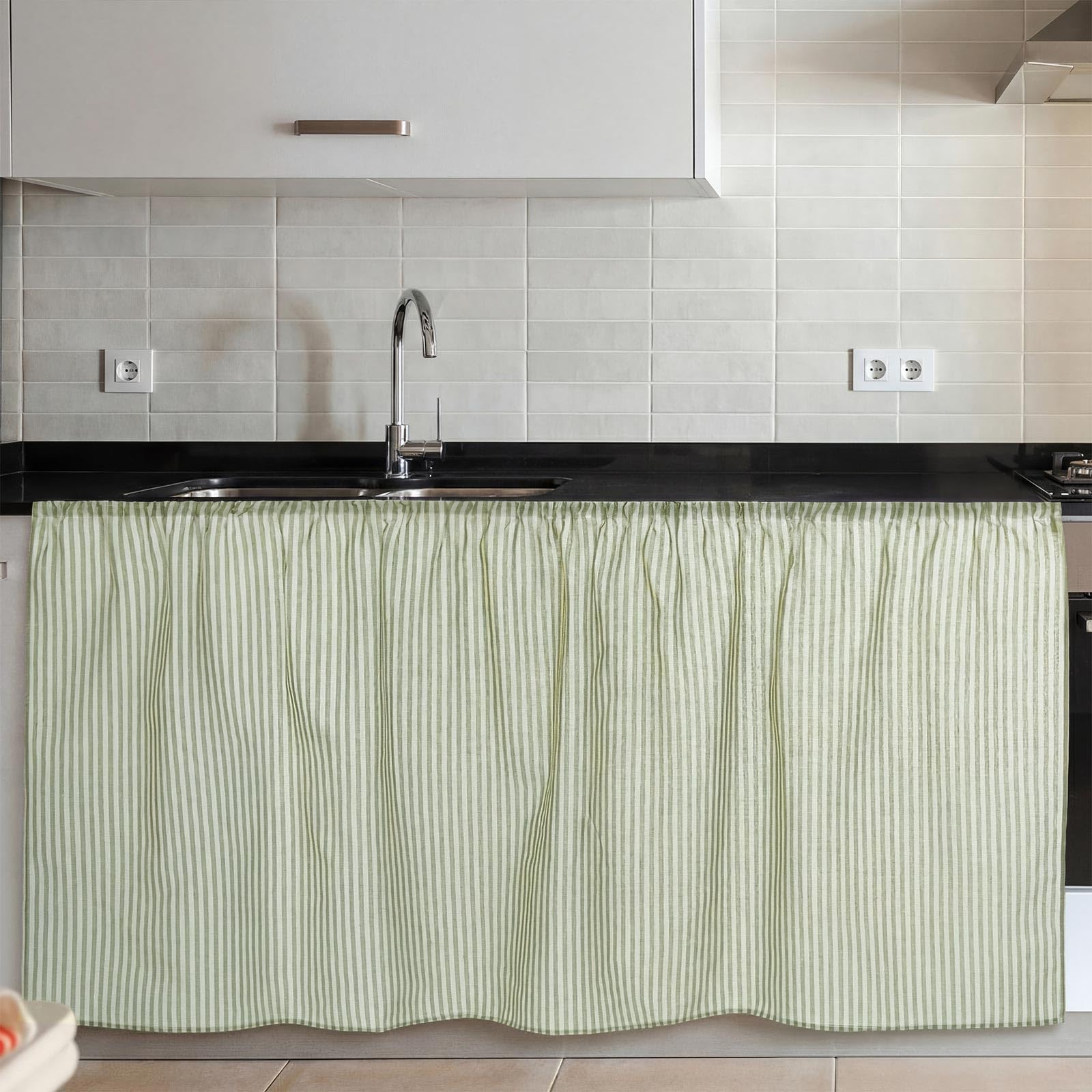 VitalCozy Cabinet Curtain 28 W x 51 L Sage Green Sink Skirt for Bathroom Kitchen Spring Green Strips Short Curtain for Home Clas