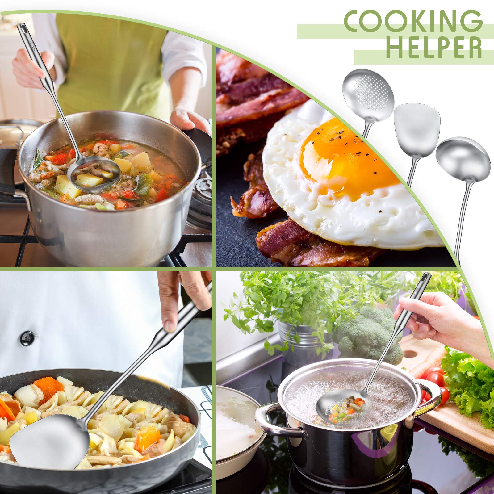 Patelai 3 Pcs 15In Wok Spatula And Ladle, 304 Stainless Steel Wok Utensils All Metal, Utensils Skimmer Ladle Tool Set For Carbon
