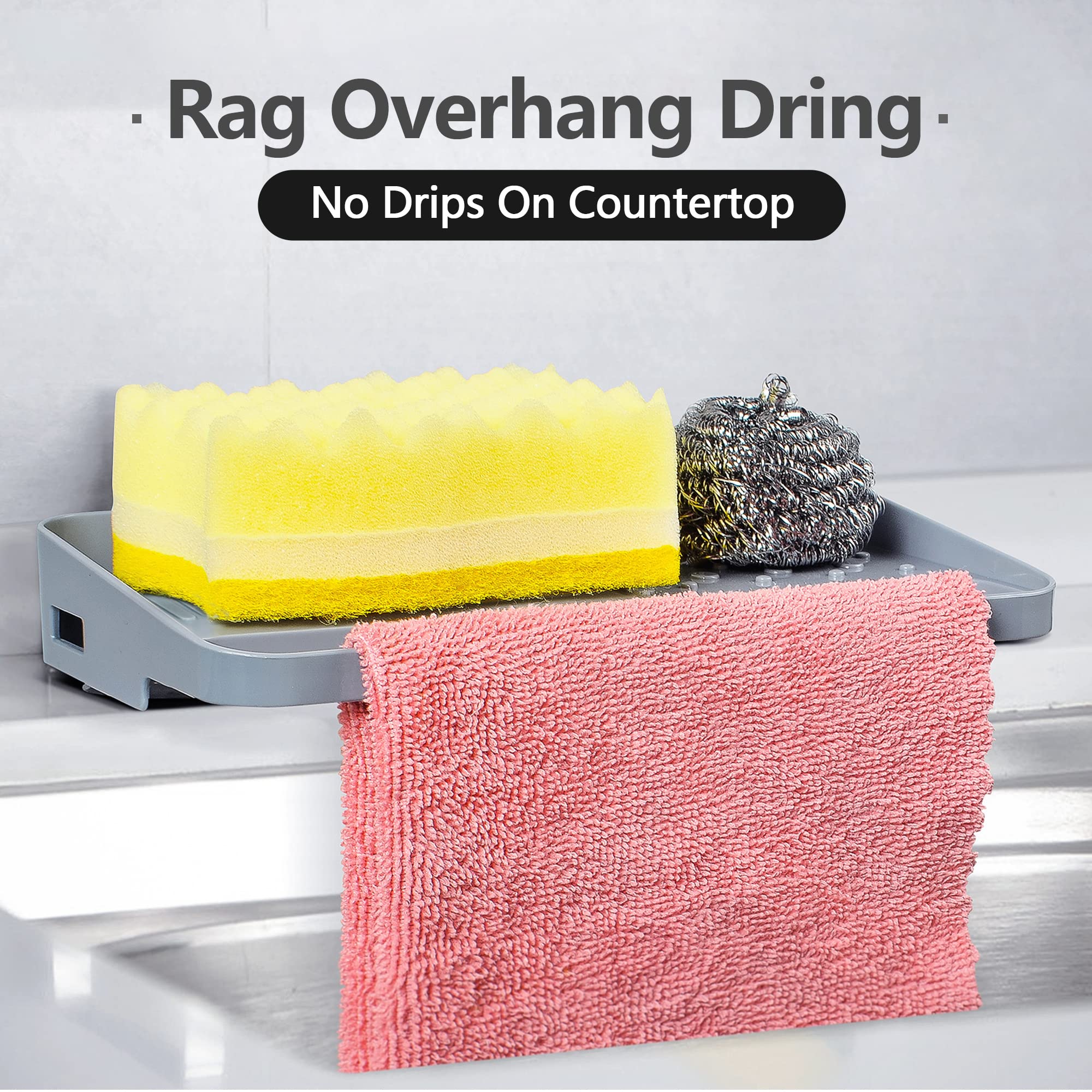 JOMOLA Kitchen Sink Sponge Holder - 2-in-1 Plastic Scrubber Tray with Suction Cup, Gray, Model JK-P1503D_XL