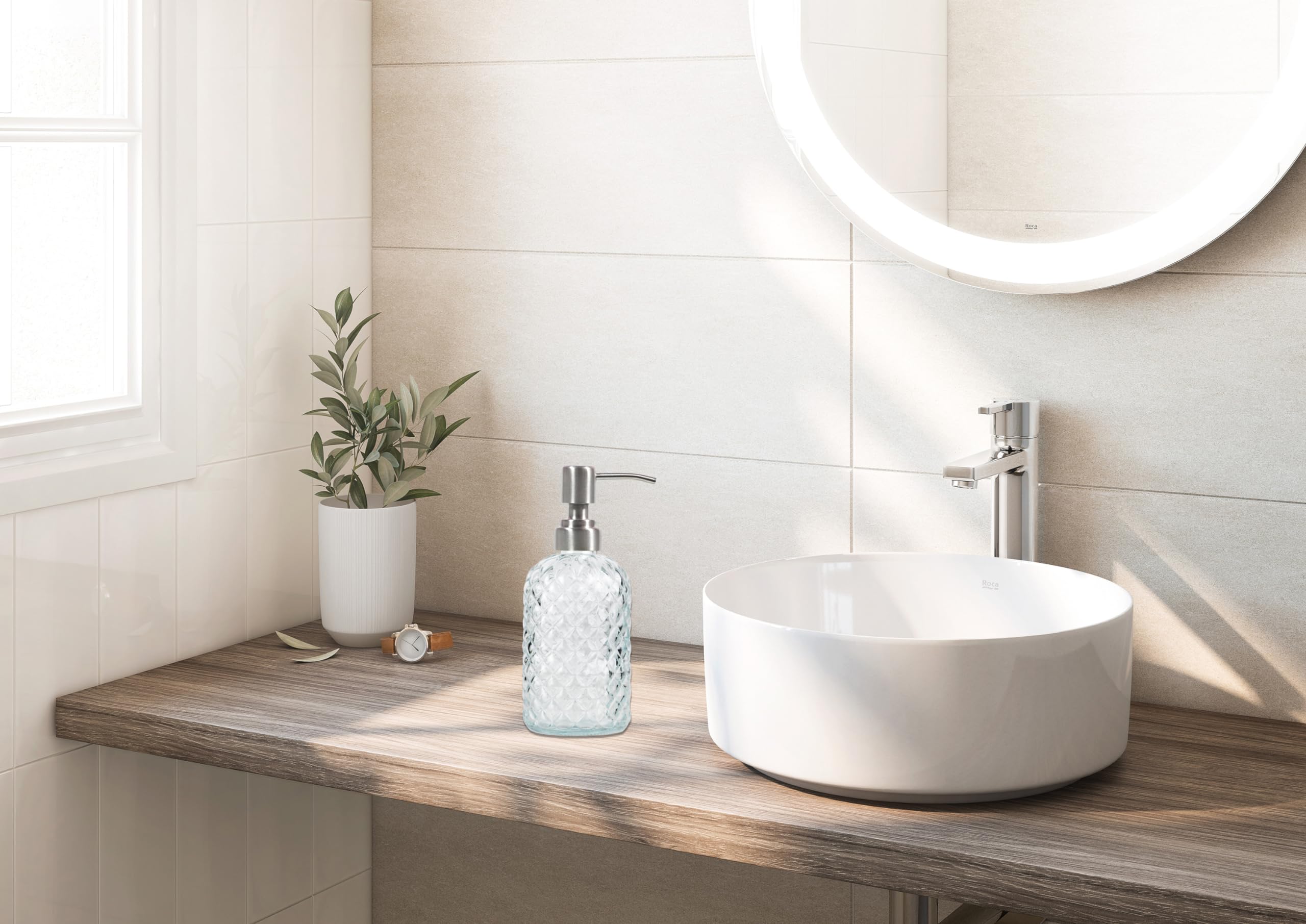 Bathroom & Kitchen Glass Hand And Dish Soap Dispenser With 304 Rustproof Stainless Steel Pump (Clear)