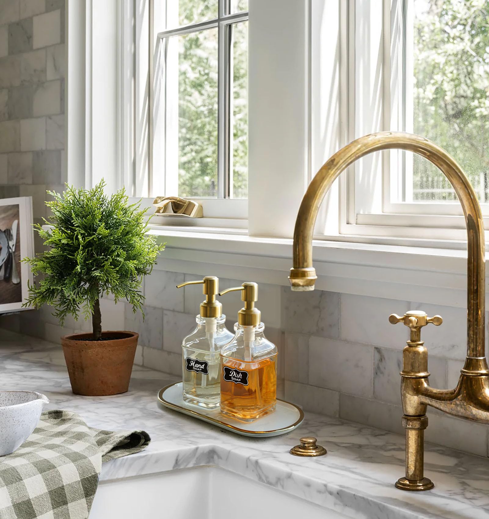 Jasai Antique Square Glass Soap Dispenser With Golden Rust Proof Pump, Refillable Soap Dispenser With 10Pcs Stickers For Kitchen