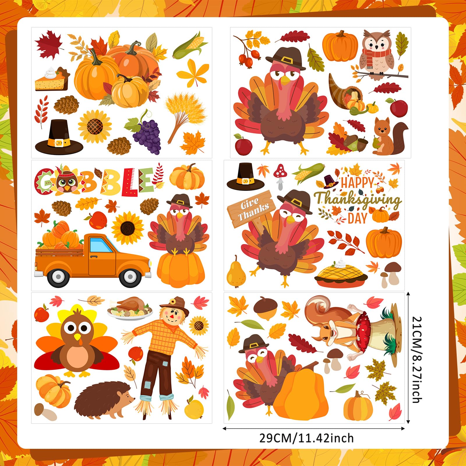 ReliThick 6 Sheets Thanksgiving Wall Decals Turkey Wall Decals Pumpkin Turkey Clings for Glass Peel and Stick Thanksgiving Decor