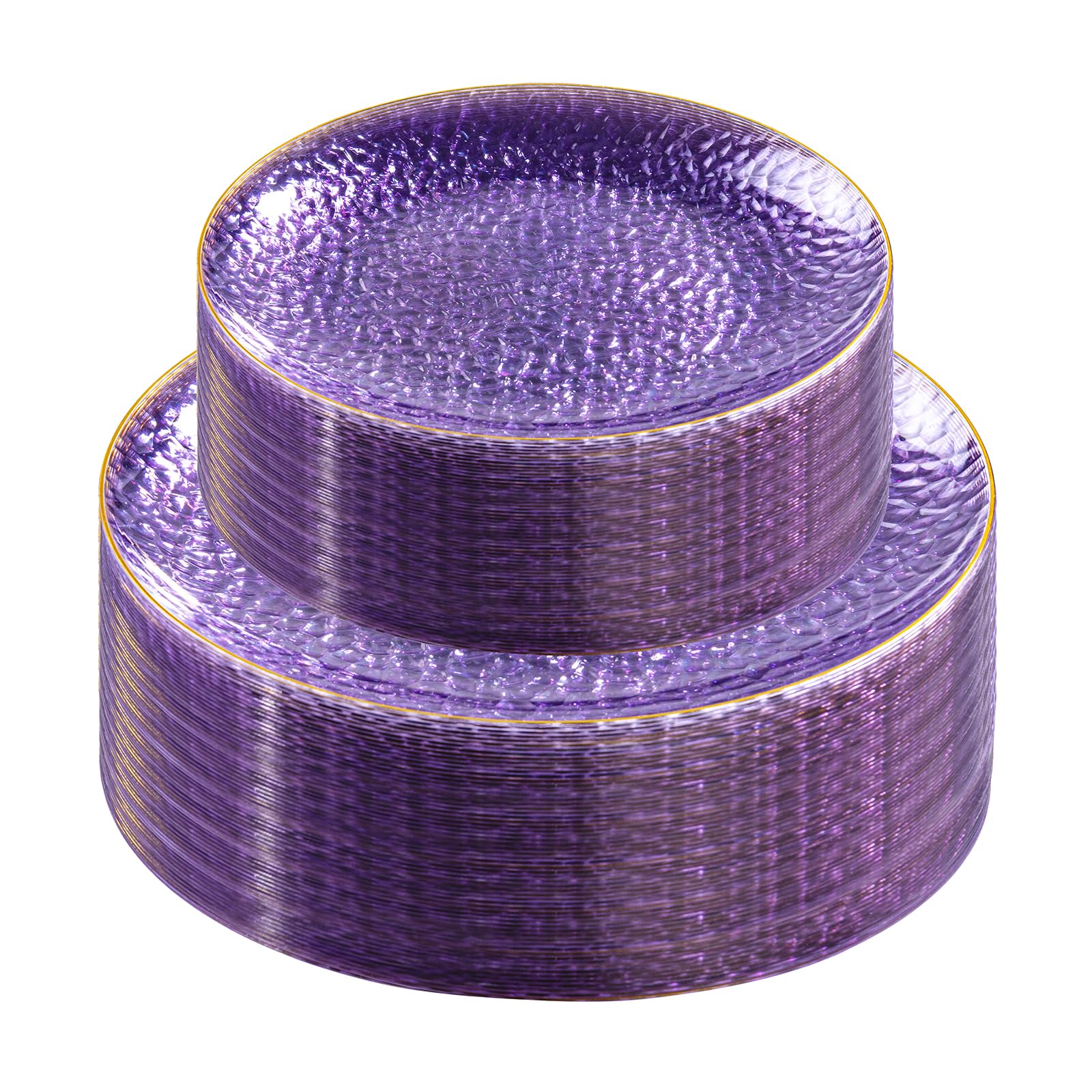 Rubtlamp 60Pcs Clear Purple Gold Plastic Plates, Purple Disposable Plates With Gold Rim, Hammered Plastic Plates Include 30 Clea