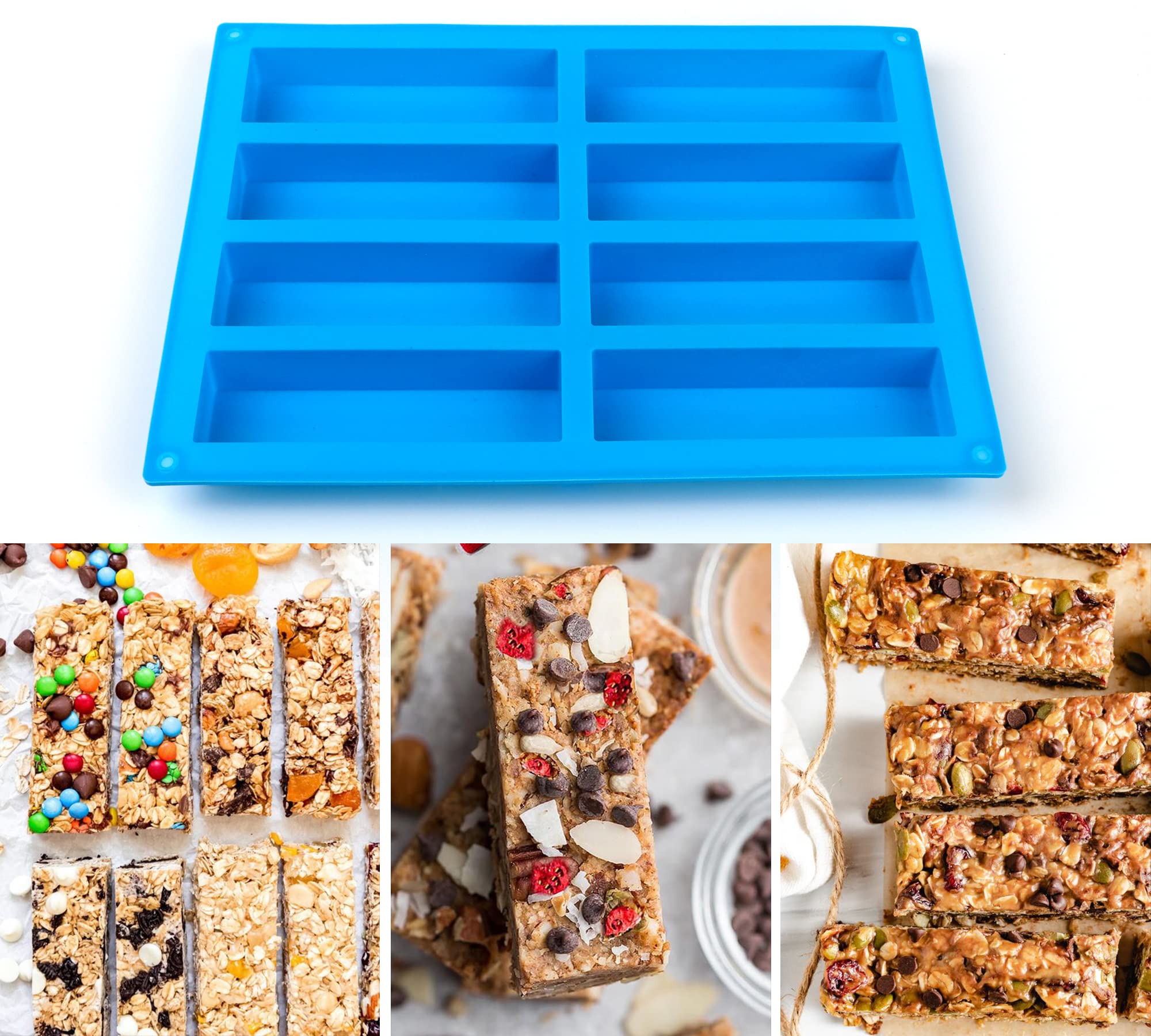 Sidosir 3Pcs Granola Bar Mold Silicone Mold, 8-Cavity Rectangle Molds For Energy Bar, Silicone Baking Molds For Large Granola Ba