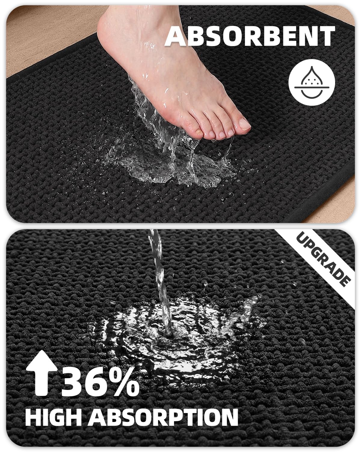 Color&Geometry Long Bathroom Runner Upgraded Denser Chenille Pile, 17''X47'' Non Slip Absorbent Black Bath Mats For Bathroom Thi