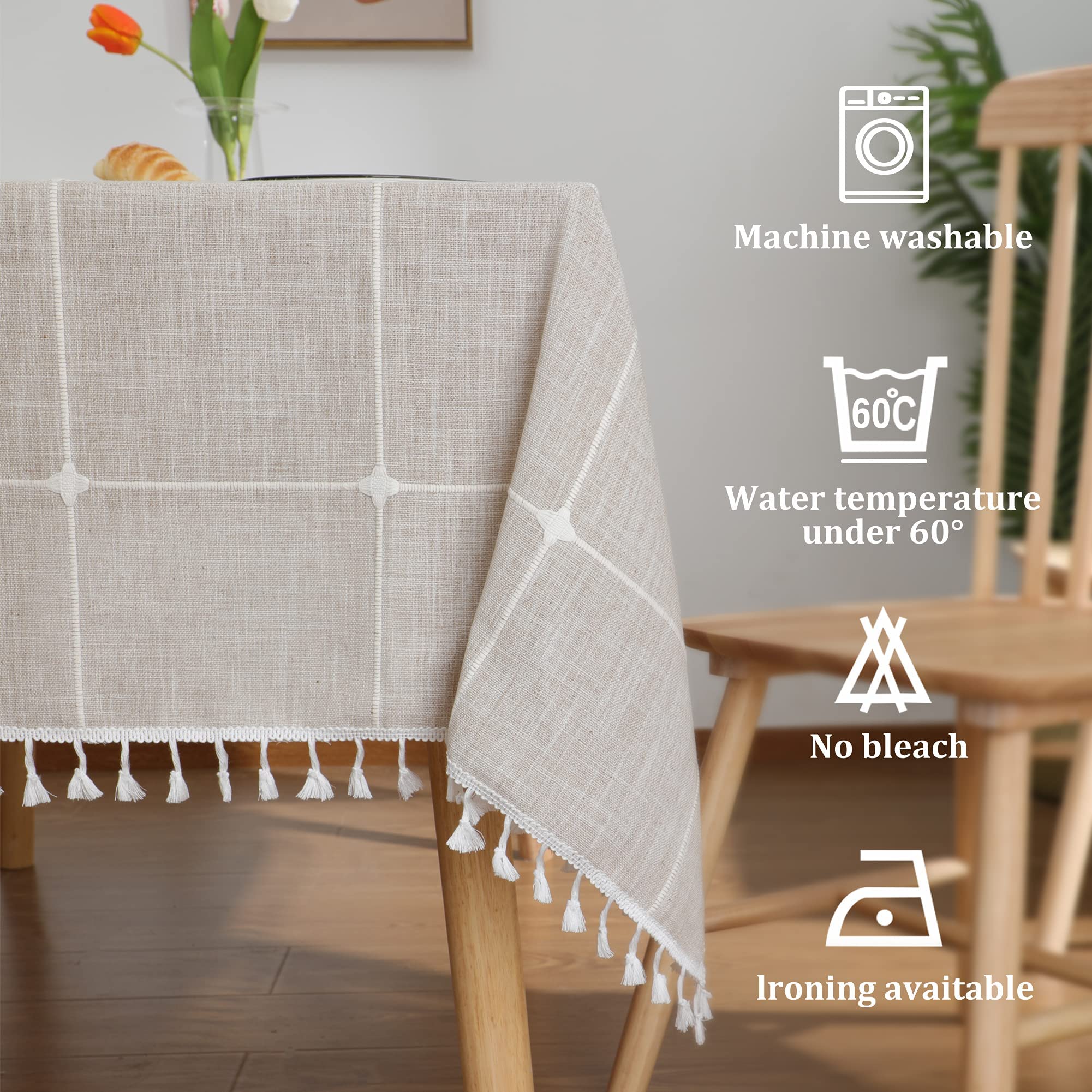 Jiale Tablecloths For Rectangle Tables, Cotton Linen Rustic Tablecloth Waterproof,Wrinkle Free,Soft Fabric Table Cloth Tassels L