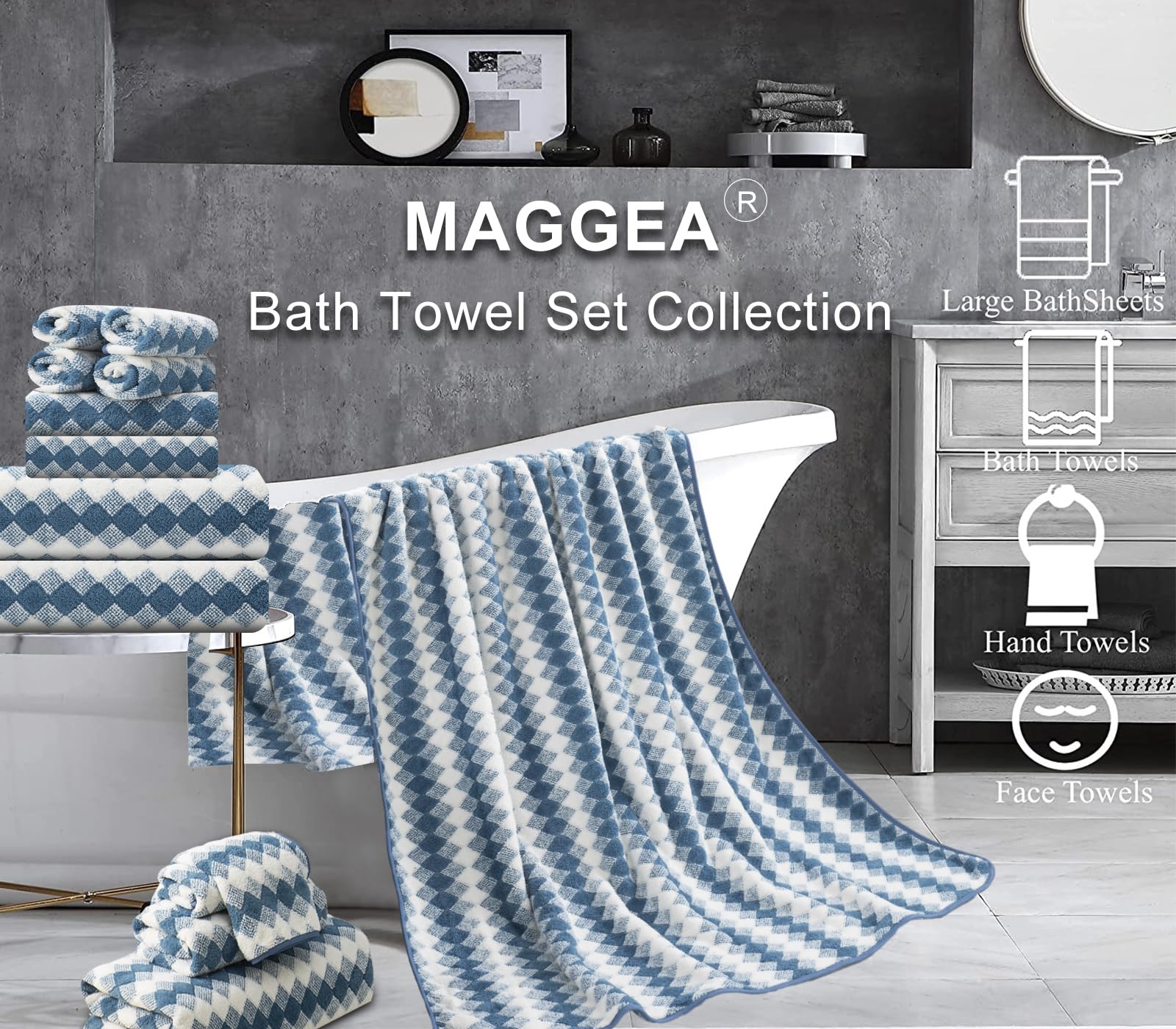 Maggea 8 Piece Bathroom Towel Set |2 Oversized Bath Towels,2 Hand Towels,4 Washcloths| 600Gsm Soft Hotel Towel Set Large Bath Sh