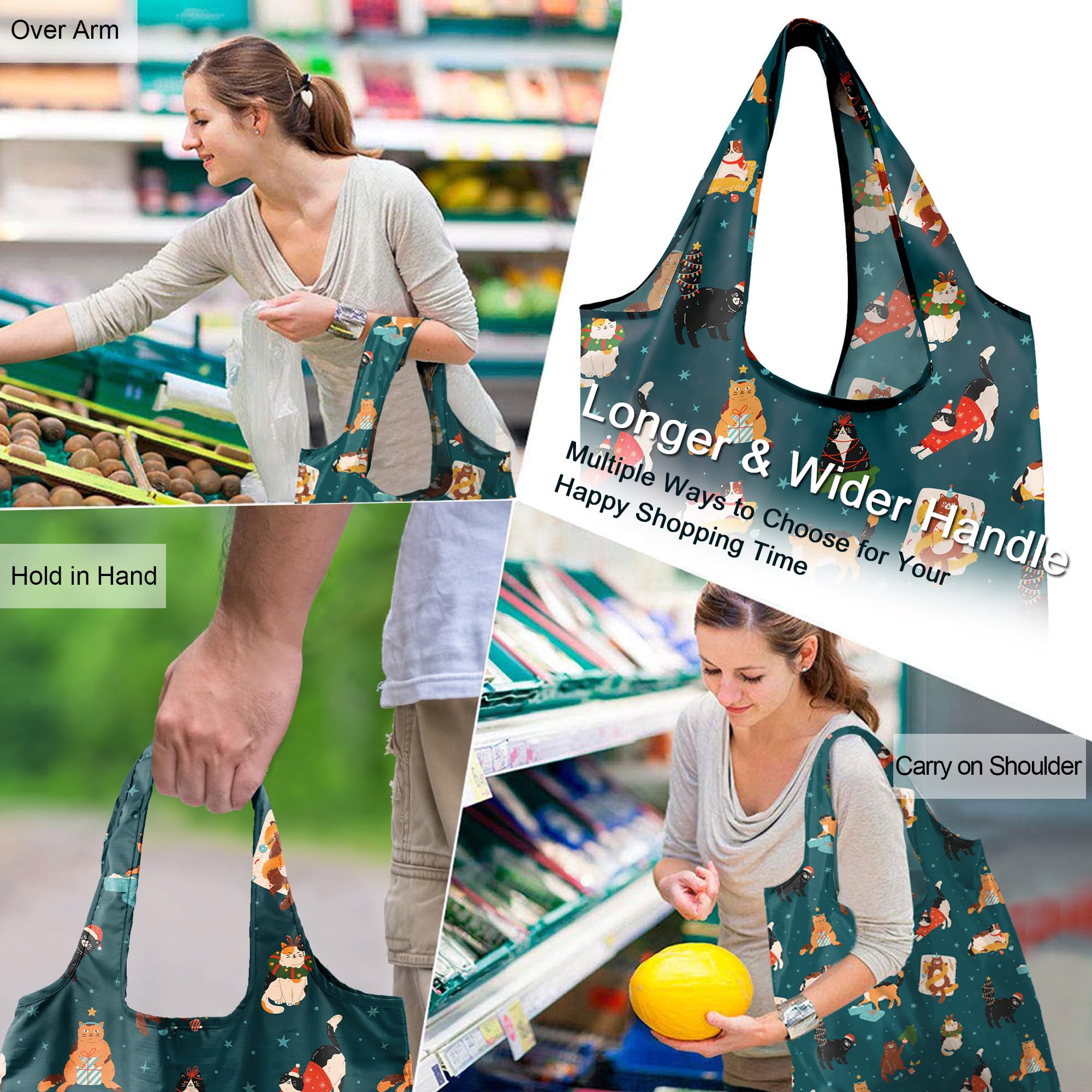 BeeGreen Christmas Cats Reusable Grocery Bags 6 Pack Cats Reusable Shopping Bags Bulk with Elastic Band Foldable-Machine Washabl