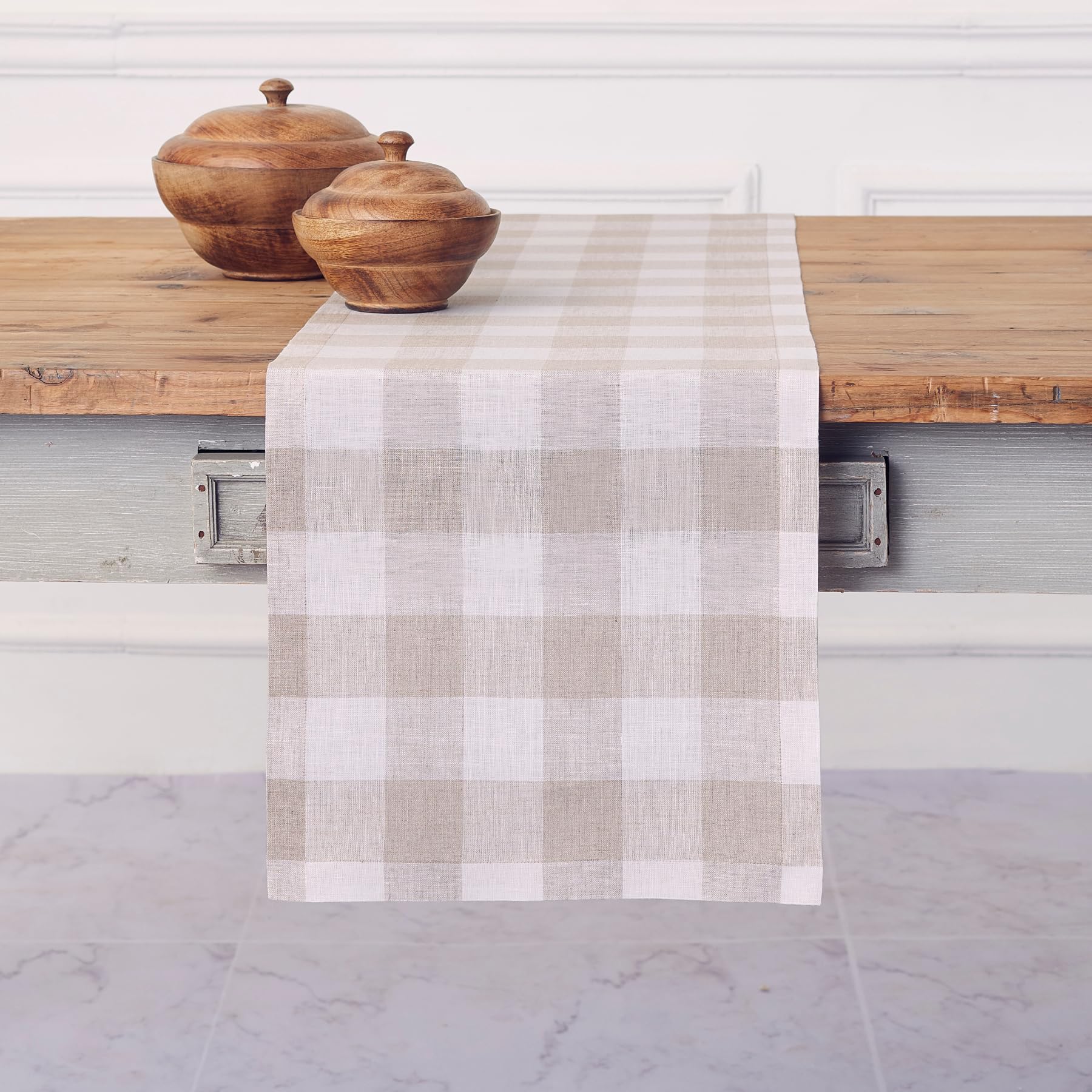 Solino Home Buffalo Check Linen Table Runner 144 Inches Long - 100% Pure Linen Natural and White Plaid Table Runner 14 x 144 Inc