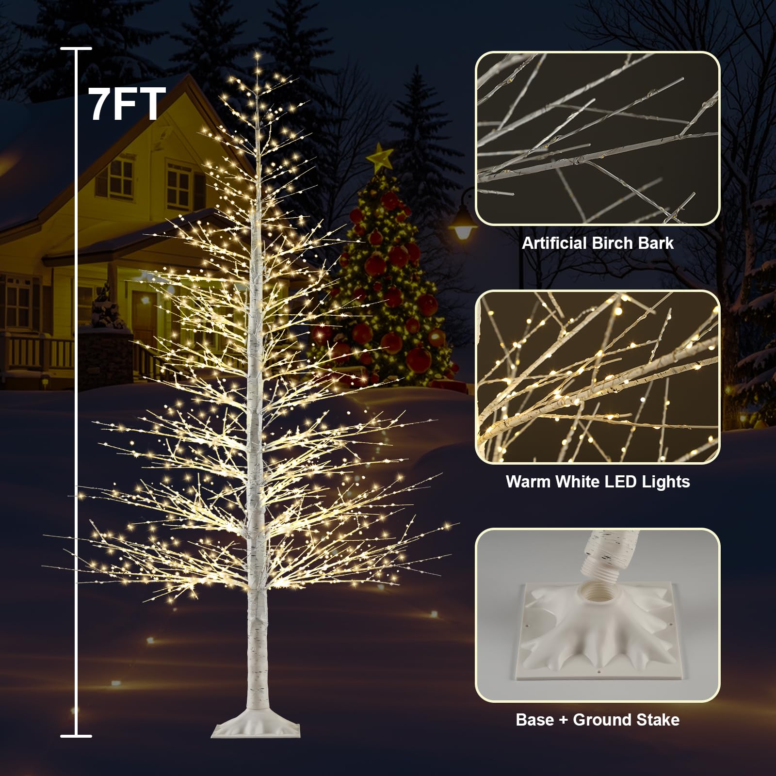 7FT Lighted Birch Tree with 1500 Warm White LEDs, Prelit Christmas Tree with Twinkle Lights, Outdoor Indoor LED Birch Tree with