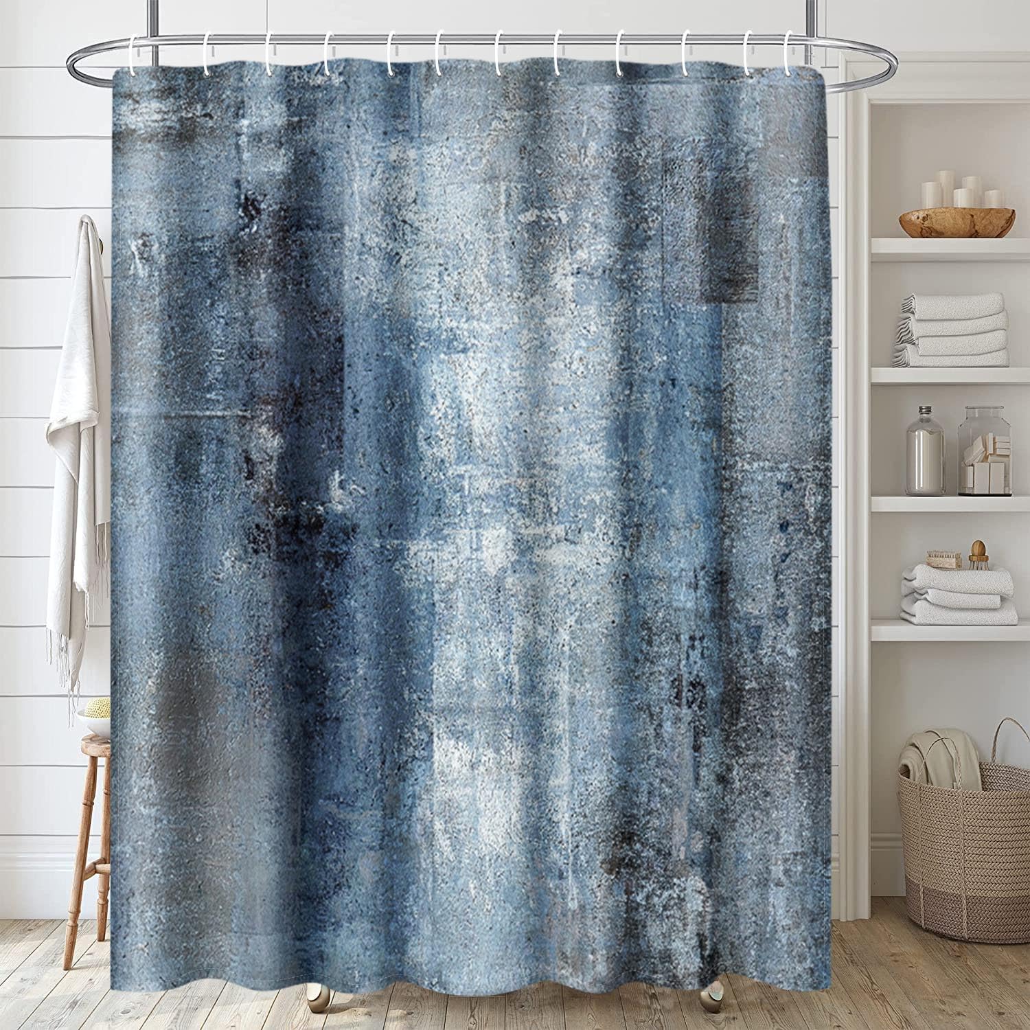 Artsocket Blue Grey Abstract Bathroom Set With Shower Curtain And Rugs Accessory, Painting Gray Vintage Retro Abstract Shower Cu