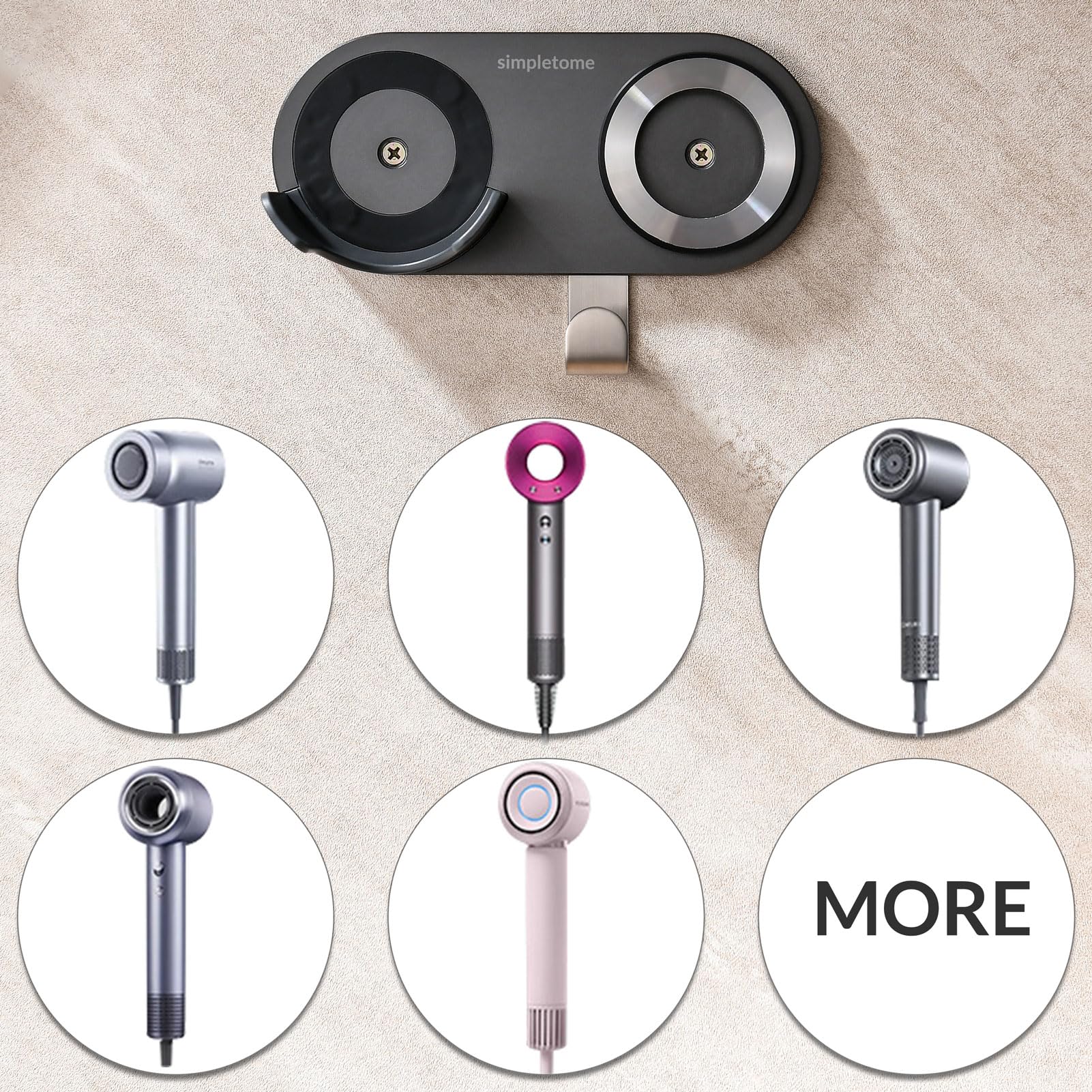 Simpletome Hair Dryer Holder Wall Mount For All Magnetic High Speed Blow Dryer With Plug Cord Organizer Hook (Abs Plastic, Grey)