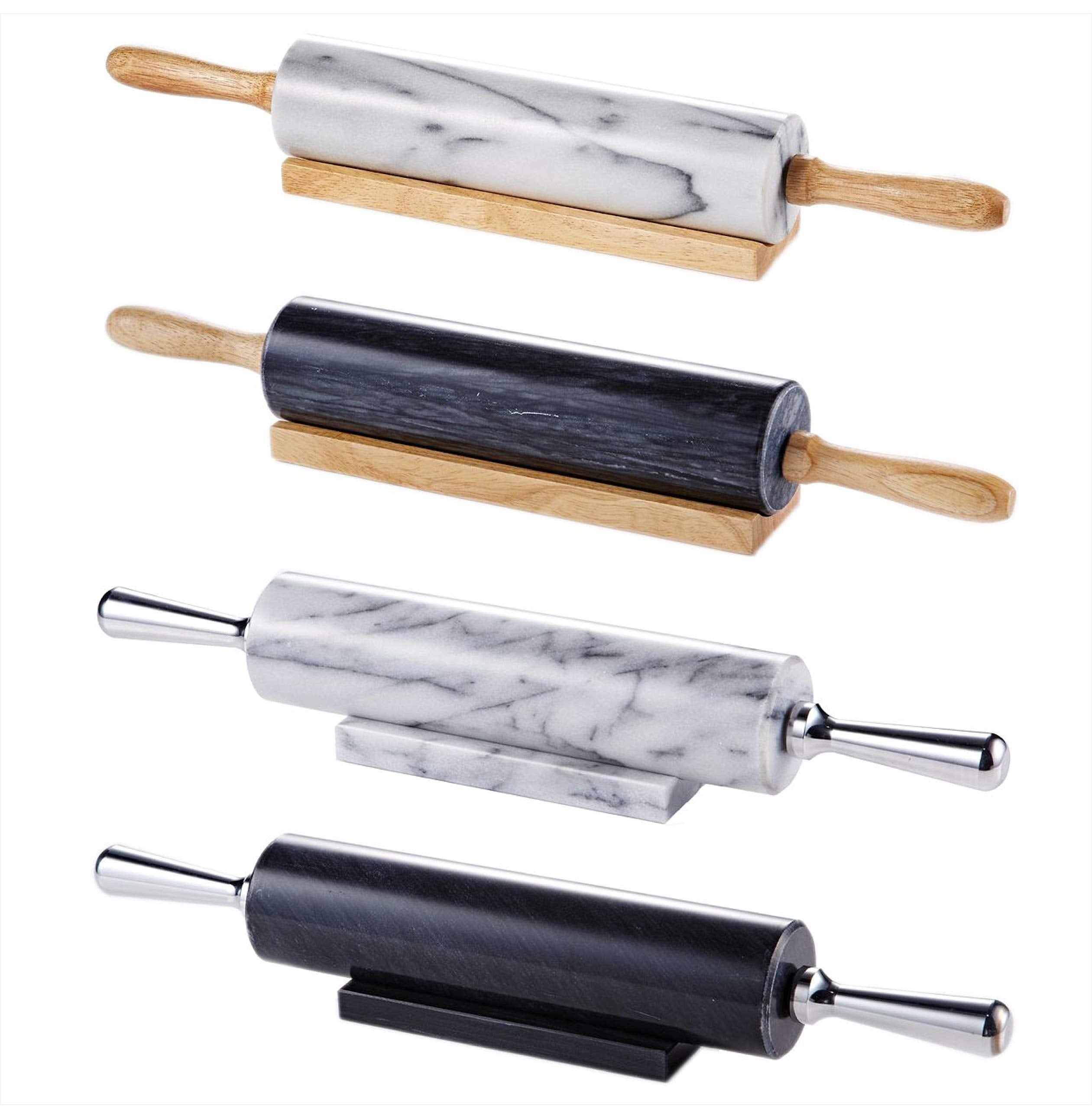 Jemarble Rolling Pin-Wooden Handles(White)(Premium Quality) Polished Surface 18-Inch(10''Barrel) Genuine Stone Non-Stick Save Ef