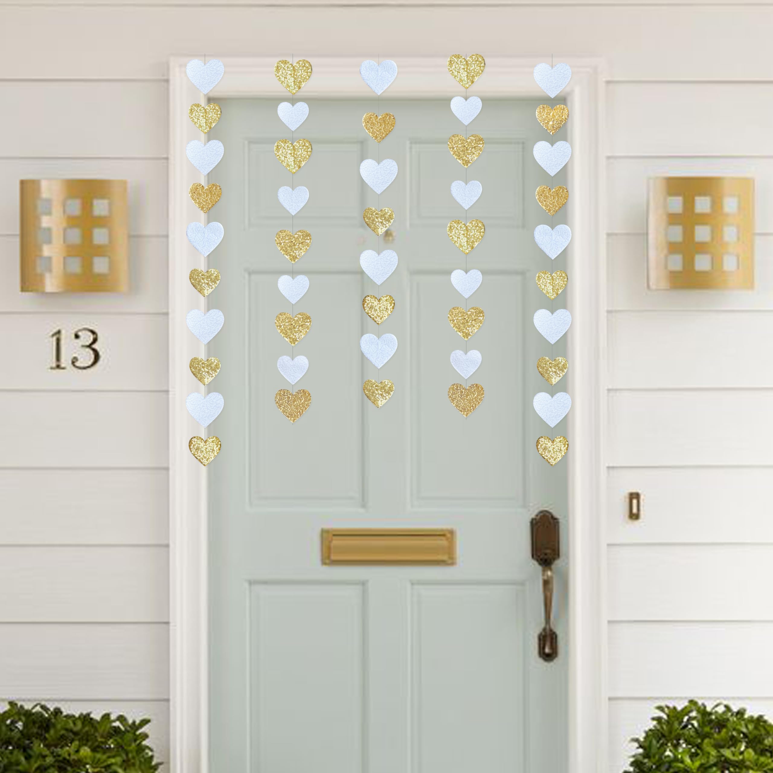 Gold And White Heart Decorations Double Sided Sequin 3D Heart Hanging Wall Art Ornament Garland For Nursery Classroom Bedroom Va