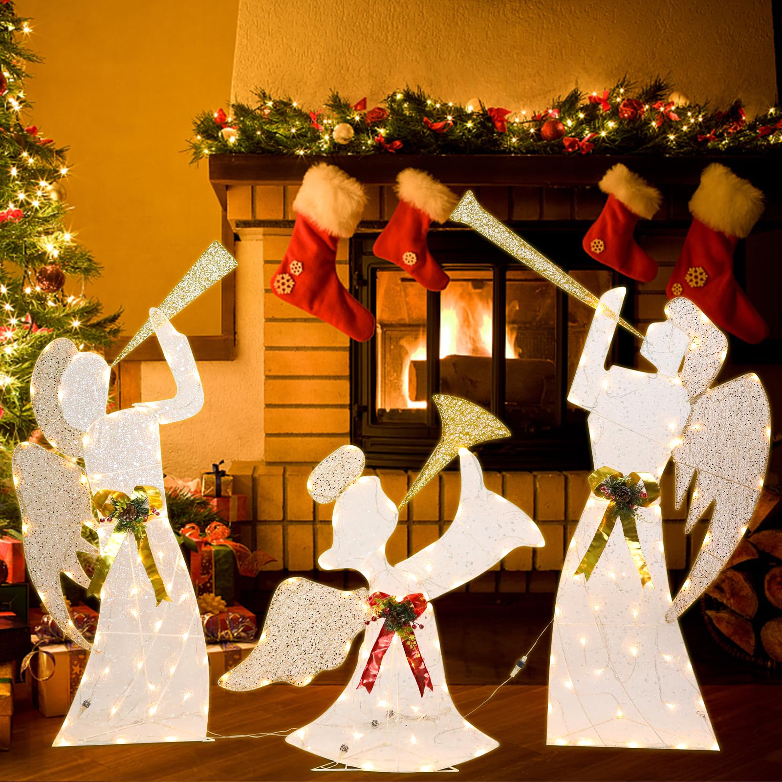 Outdoor Christmas Angel Decoration Christmas Lighted 3 Angels Playing Trumpet with Holly Berries Decoration for Xmas Home Pathwa
