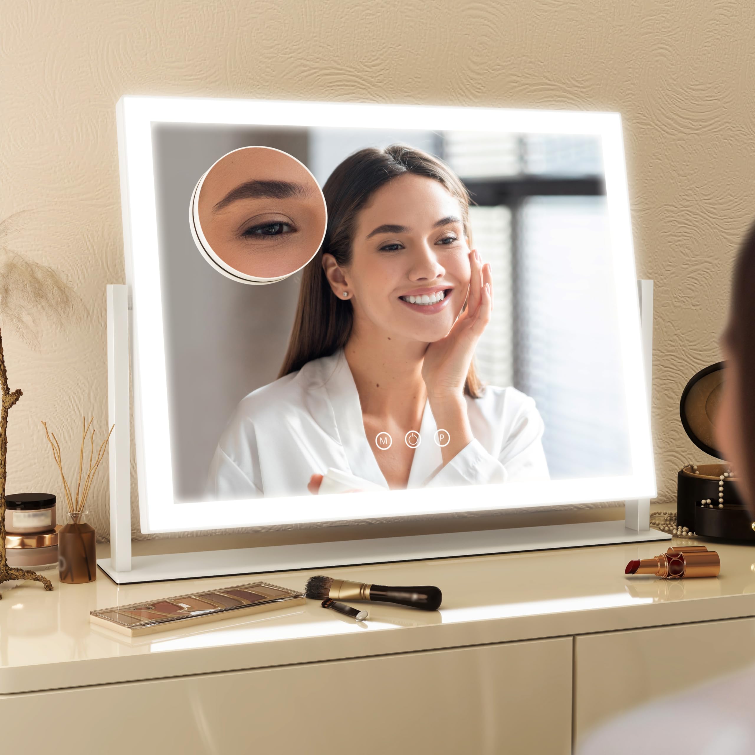 Fennio Vanity Mirror With Lights 13'' X 17'' Makeup Mirror With Lights,Vanity Mirror Touch Screen With 3-Color Lighting,Dimmable