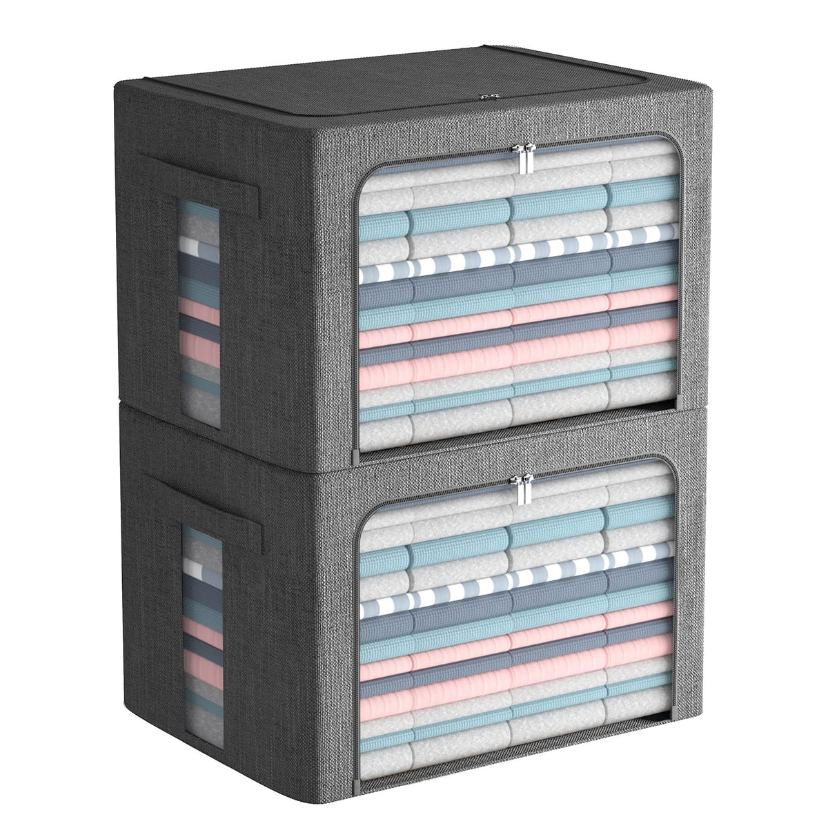 2 Pack Clear Window Storage Bins Large Foldable Fabric Storage Bins Boxes for Clothes Stackable Organizer Set with Carrying Hand