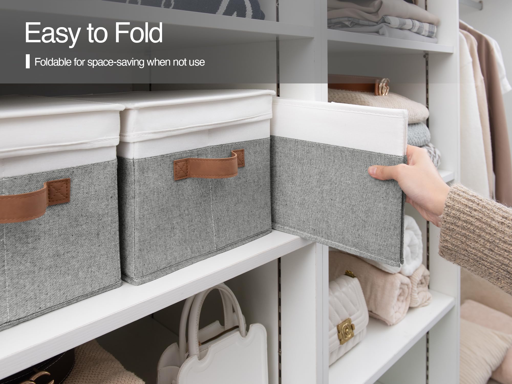 Storageworks Lidded Large Storage Bins, Foldable Decorative Storage Boxes, Fabric Storage Basket With Pu Handles, Grey And White