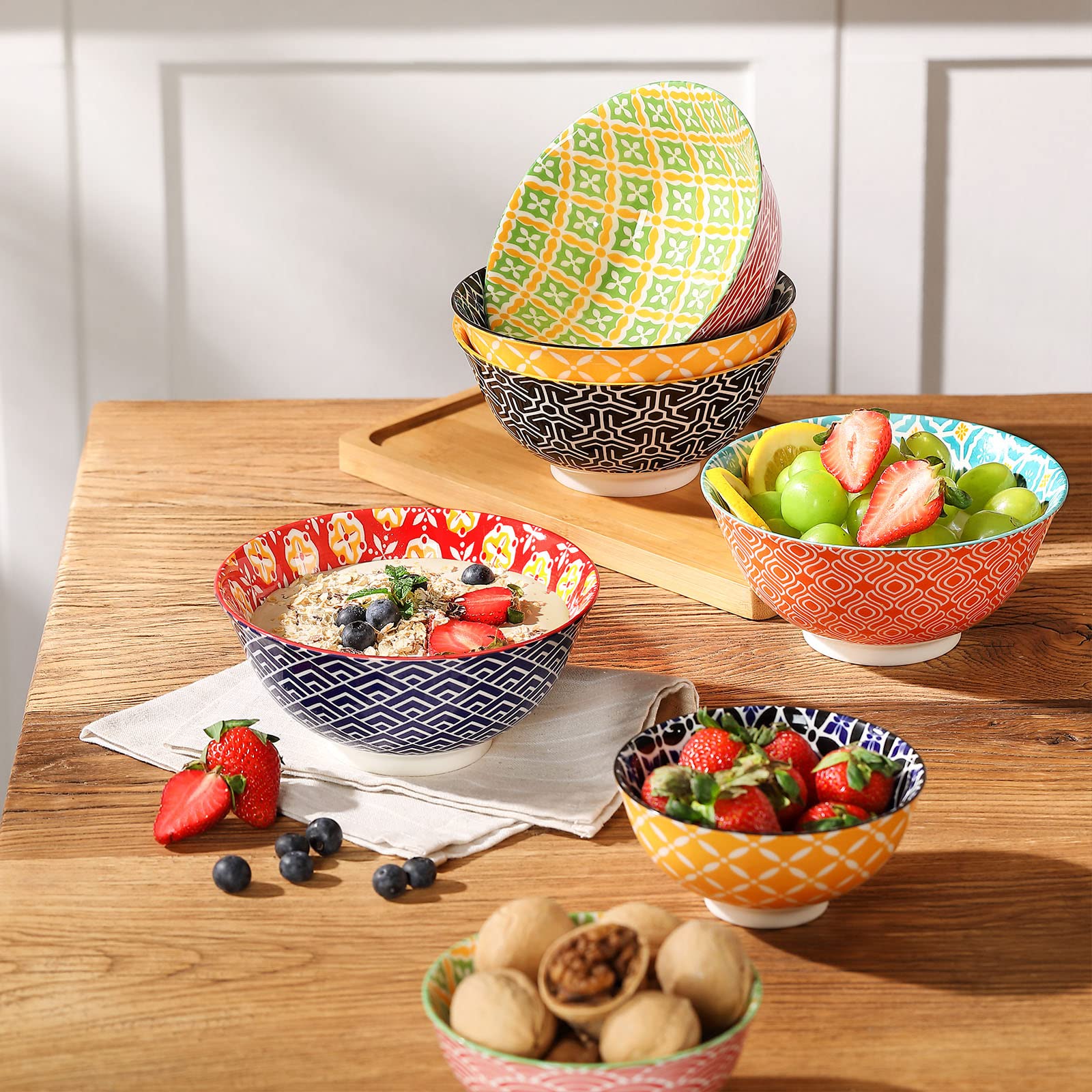 Metahom Ceramic Cereal Bowls  23 Oz Colorful Soup Bowls  Deep Porcelain Bowl Set for Salad  Dessert  Pasta  Ice Cream Set of 6