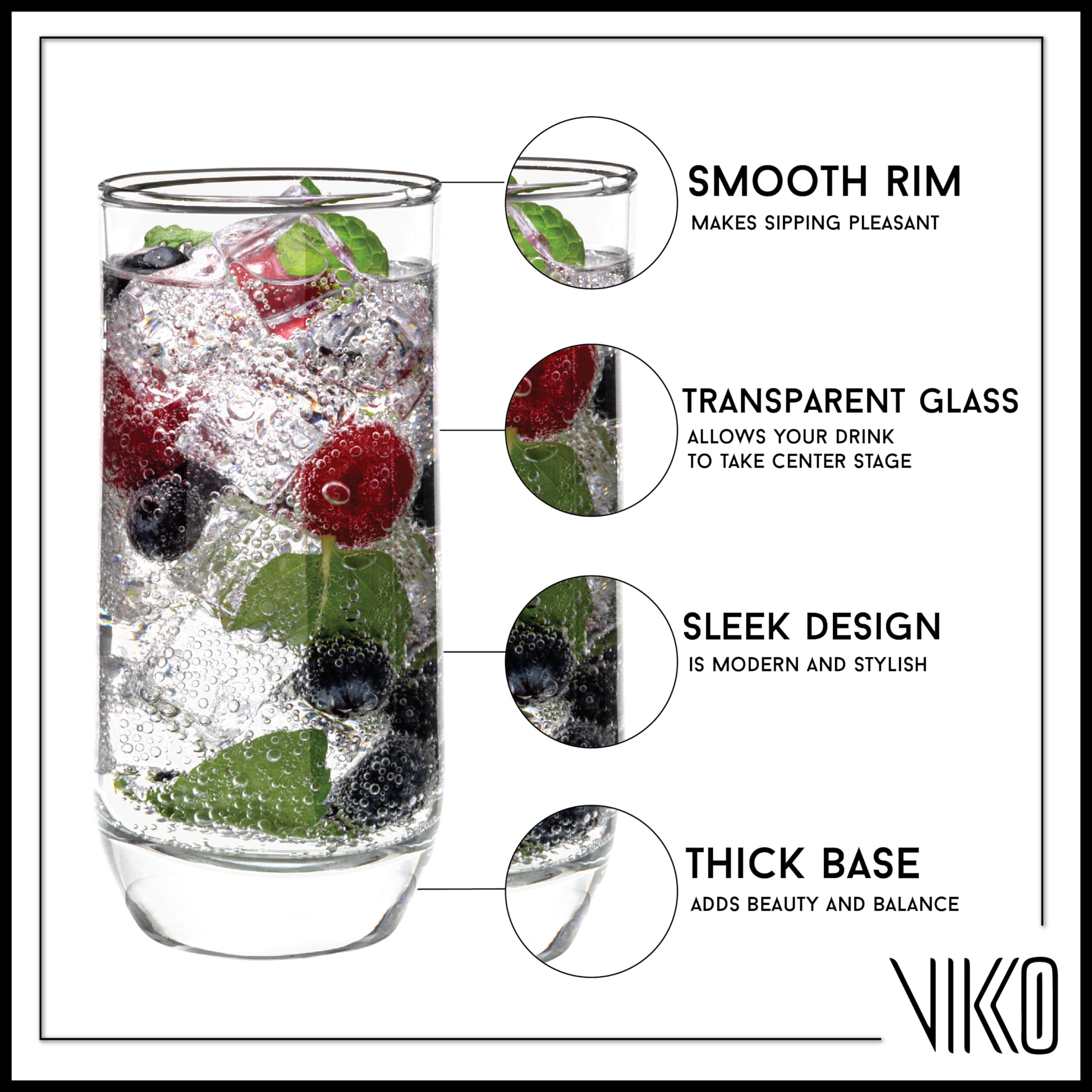 Vikko Drinking Glasses, 12 Oz Drinking Glasses Set of 12, Crystal Clear Glass Cups for Water or Juice, Highball Glass Tumbler &