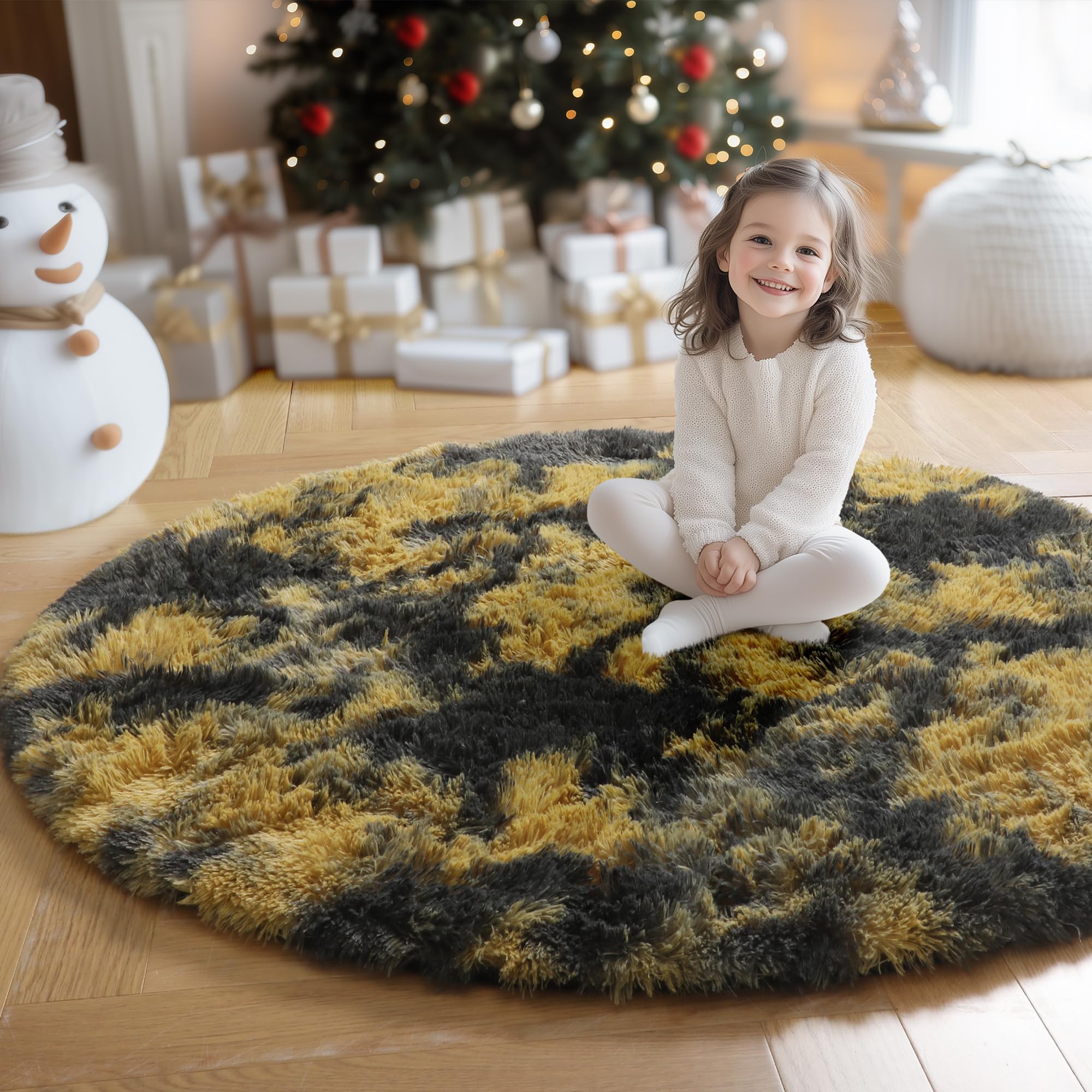 Amdrebio Black Gold Yellow Grey Round Circle Rugs 5Ft for Bedroom Living Room Decor, Fluffy Furry Area Rug for Kids Room Dorm Ho