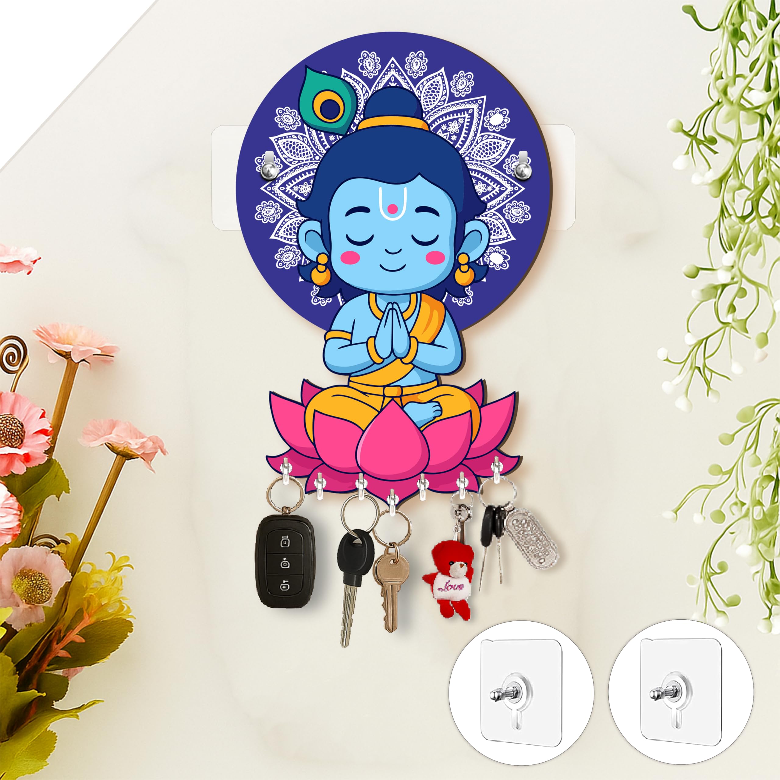 Rousrie Baby Krishna Key Holder for Home Without Drill, Brown Wooden Wall Mount Storage, 8 Hooks, Modern Stylish Decorative Desi