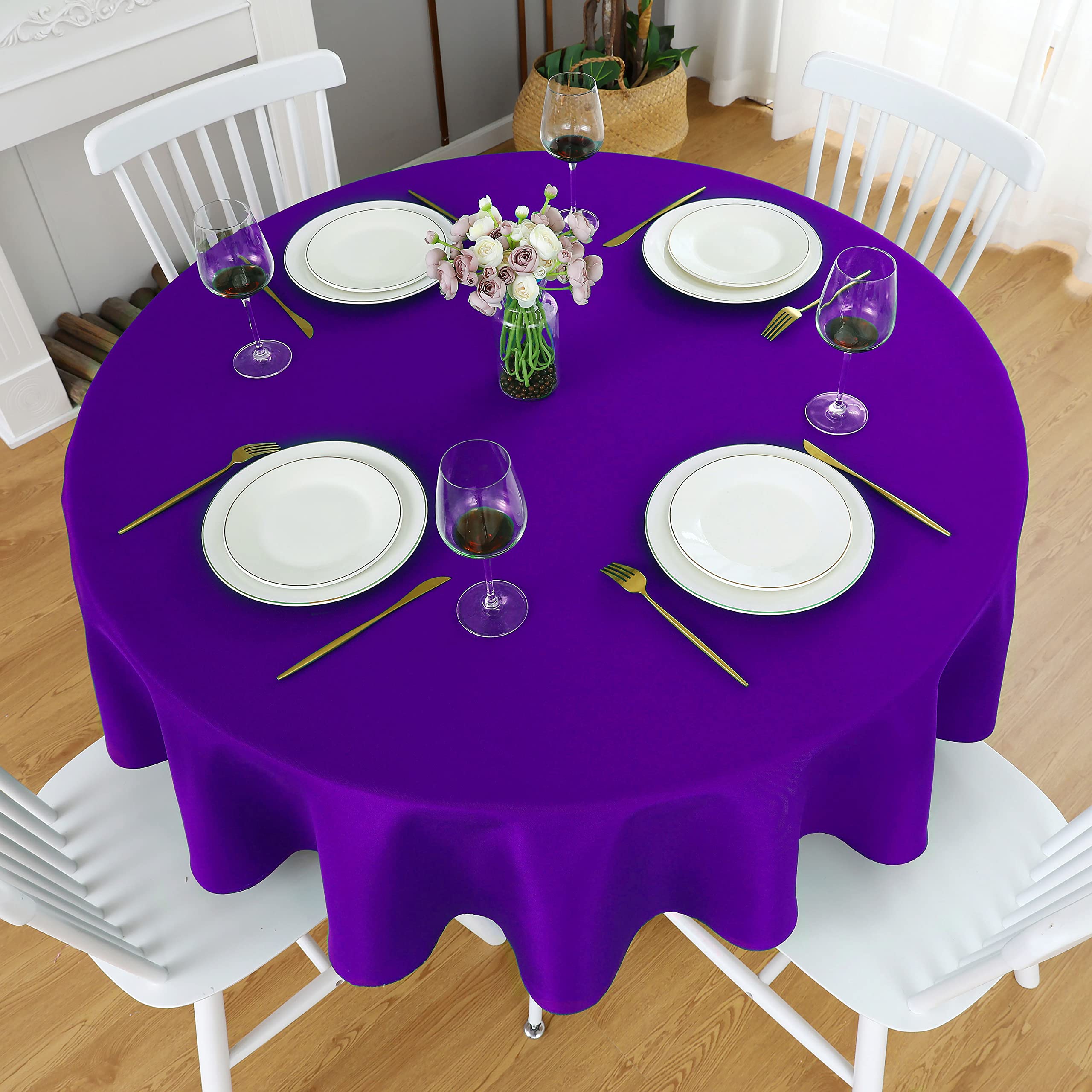 Folins&Home Purple Round Tablecloth 60 Inch Waterproof Heavy Duty Wrinkle Free Polyester Fabric Circle Table Cloth Spillproof Wa