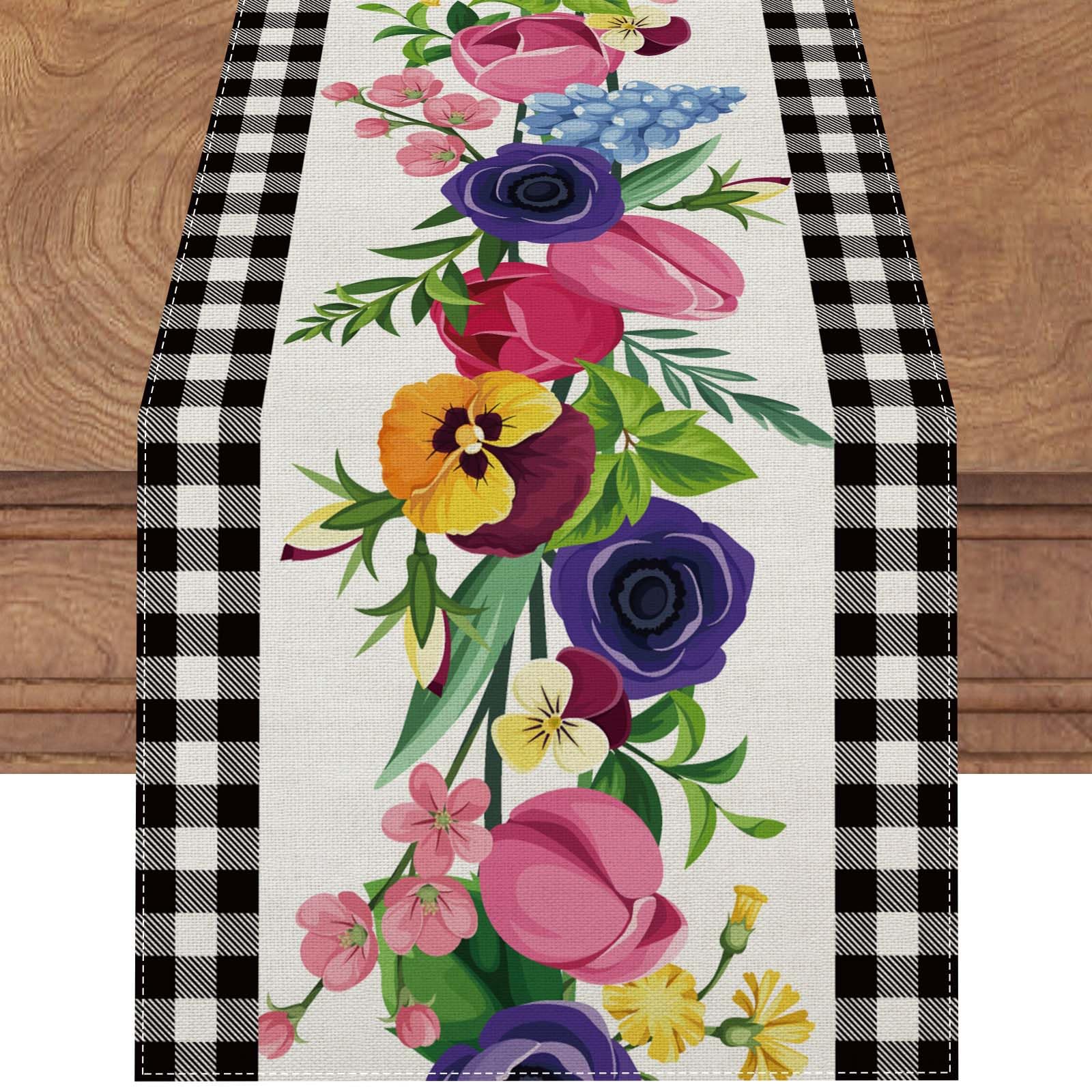 Linen Black And White Buffalo Check Plaid Spring Table Runner 72 Inches Long Farmouse Spring Summer Easter Watercolor Floral Tab