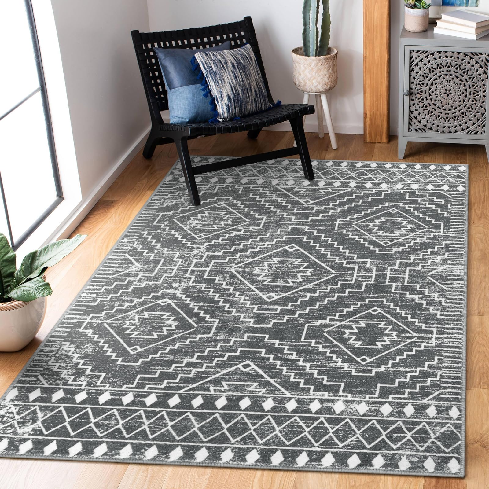 Wonnitar Moroccan 3x5 Washable Area Rug, Boho Living Room Rug, Non-Slip Farmhouse Rustic Bedroom Throw Mat, Non-Shedding Soft Ge