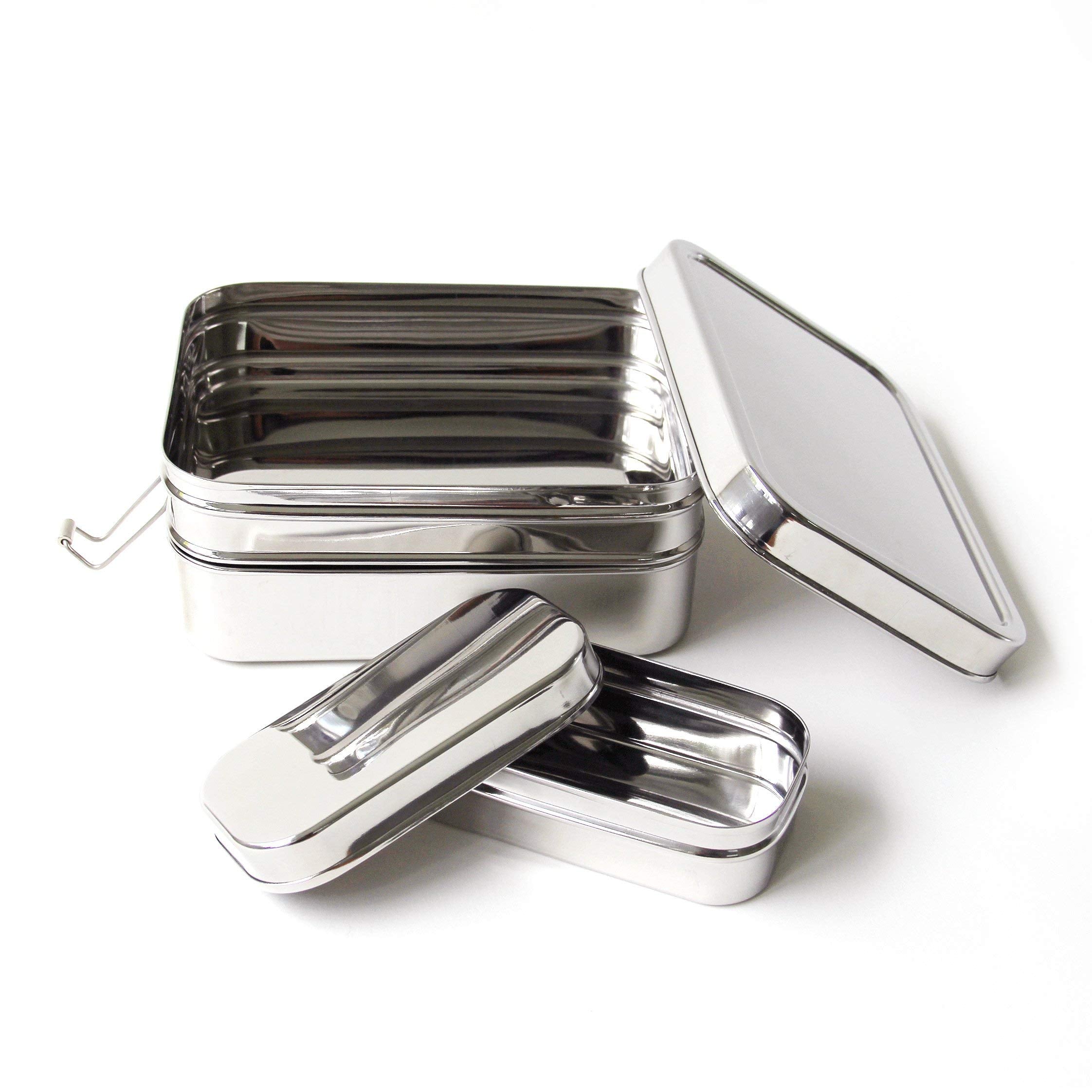 Ecolunchbox Three-In-One Stainless Steel Bento Box - 2 Levels - Plus Snack Container - Size Giant - Holds 8 Cups Of Food - Not L