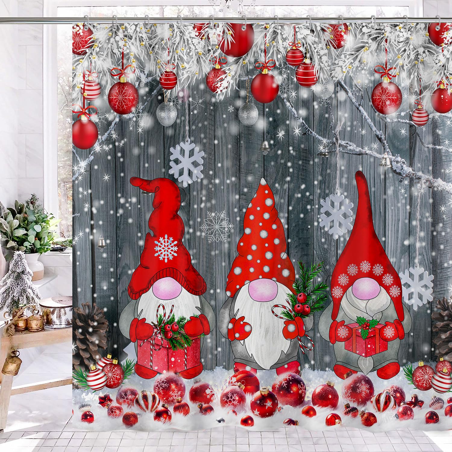 Christmas Gnomes Shower Curtain For Bathroom, Xmas Cute Red Xmas Ball Snowflake Gnomes Winter Shower Curtain, Rustic Farmhouse C