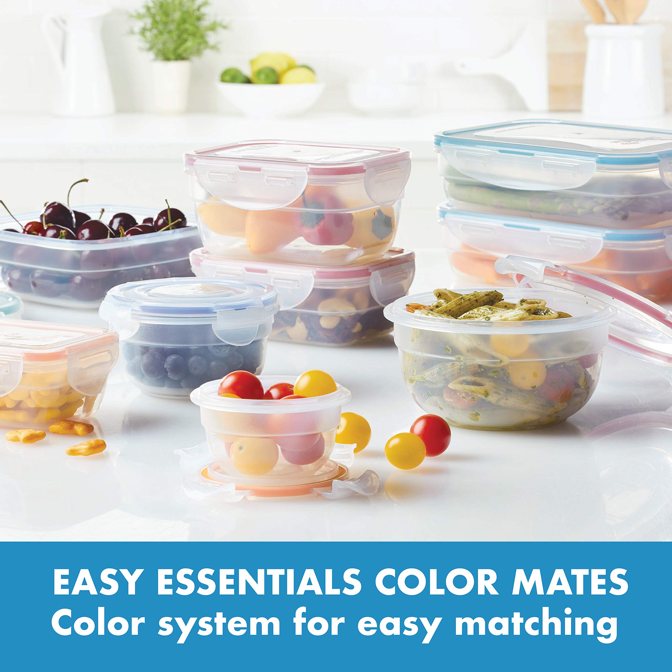 Lock & Lock Easy Essentials Color Mates Food Storage Lids/Airtight Containers, Bpa Free, 18 Piece, Clear
