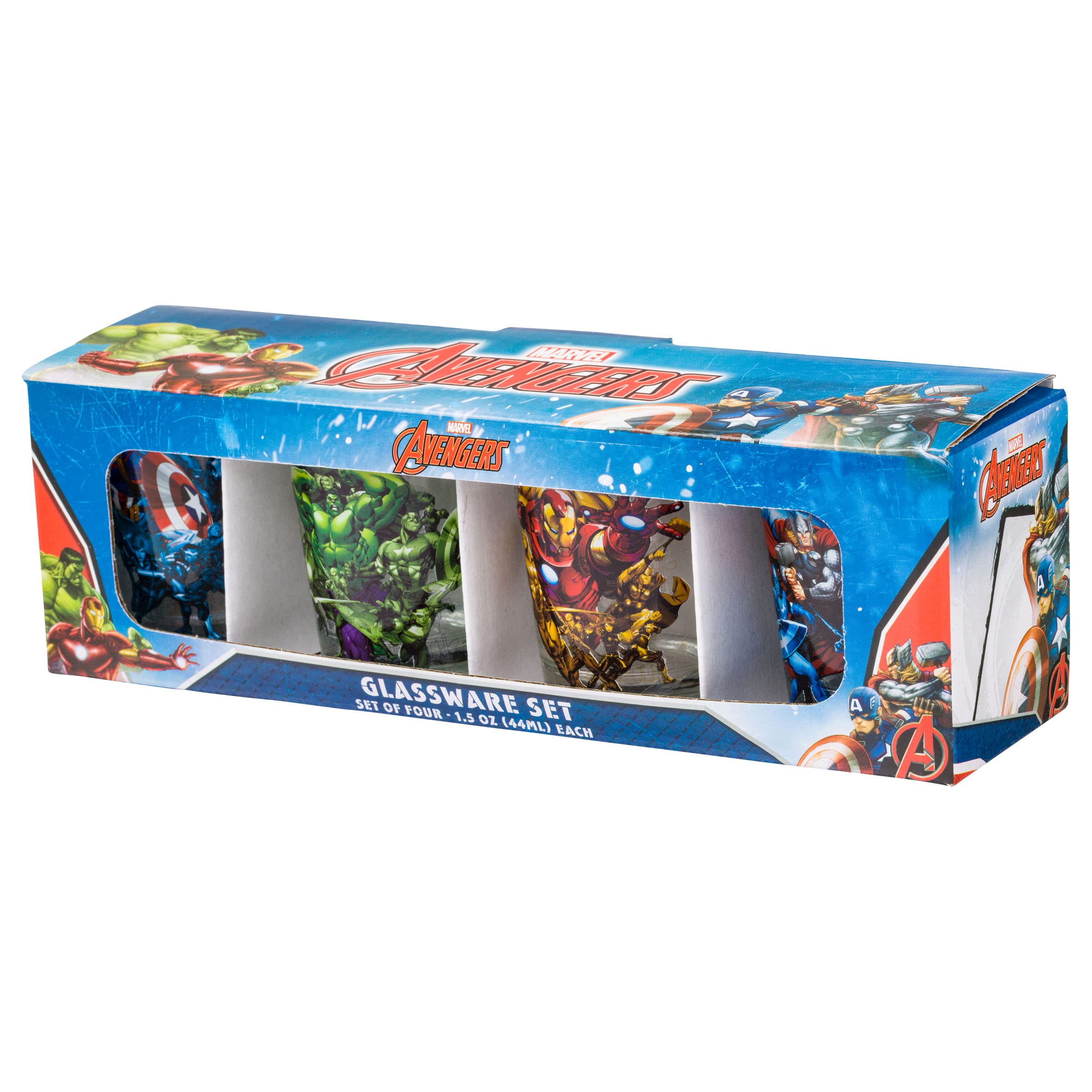 Silver Buffalo Marvel Team Avengers 4Pc Clear Mini Glass Set, 1.5 Ounces