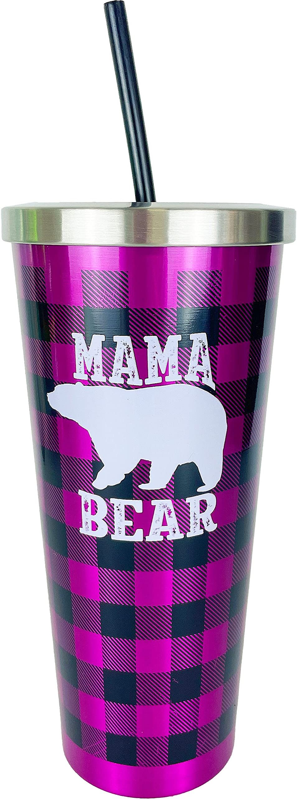 Spoontiques Stainless Steel W Steel Cup With Straw, 24 Oz, Mama Bear,18258