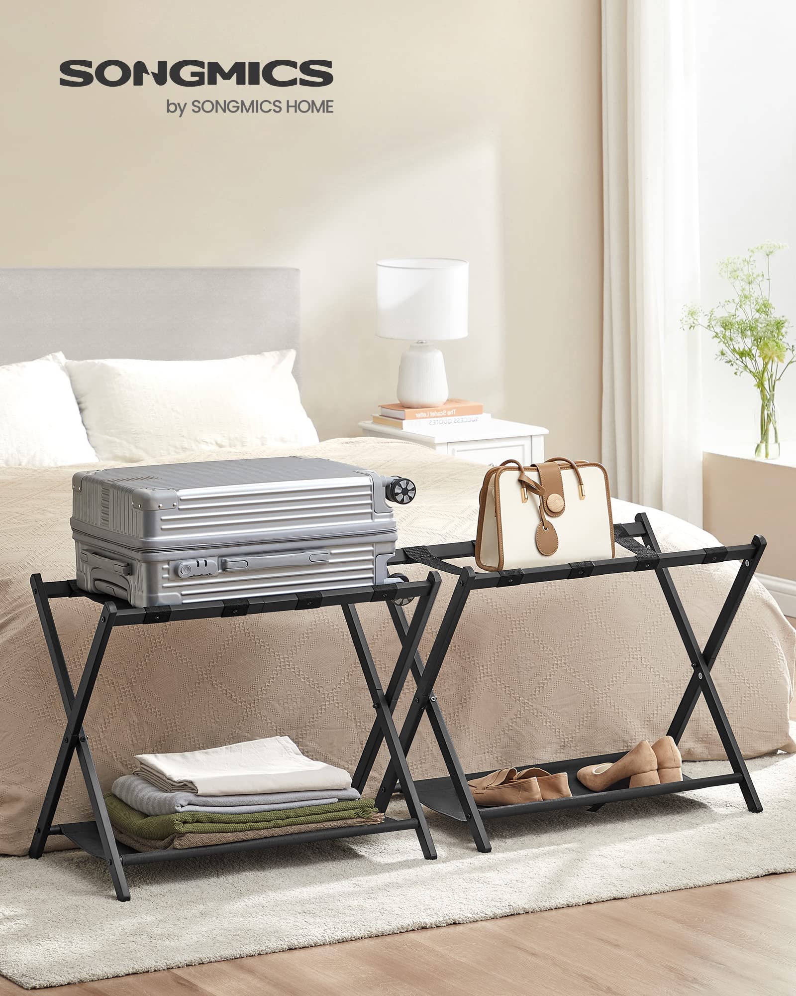 Songmics Luggage Racks For Guest Room, Set Of 2, Suitcase Stand With Storage Shelf, Steel Frame, Foldable For Easy Storage, Hote
